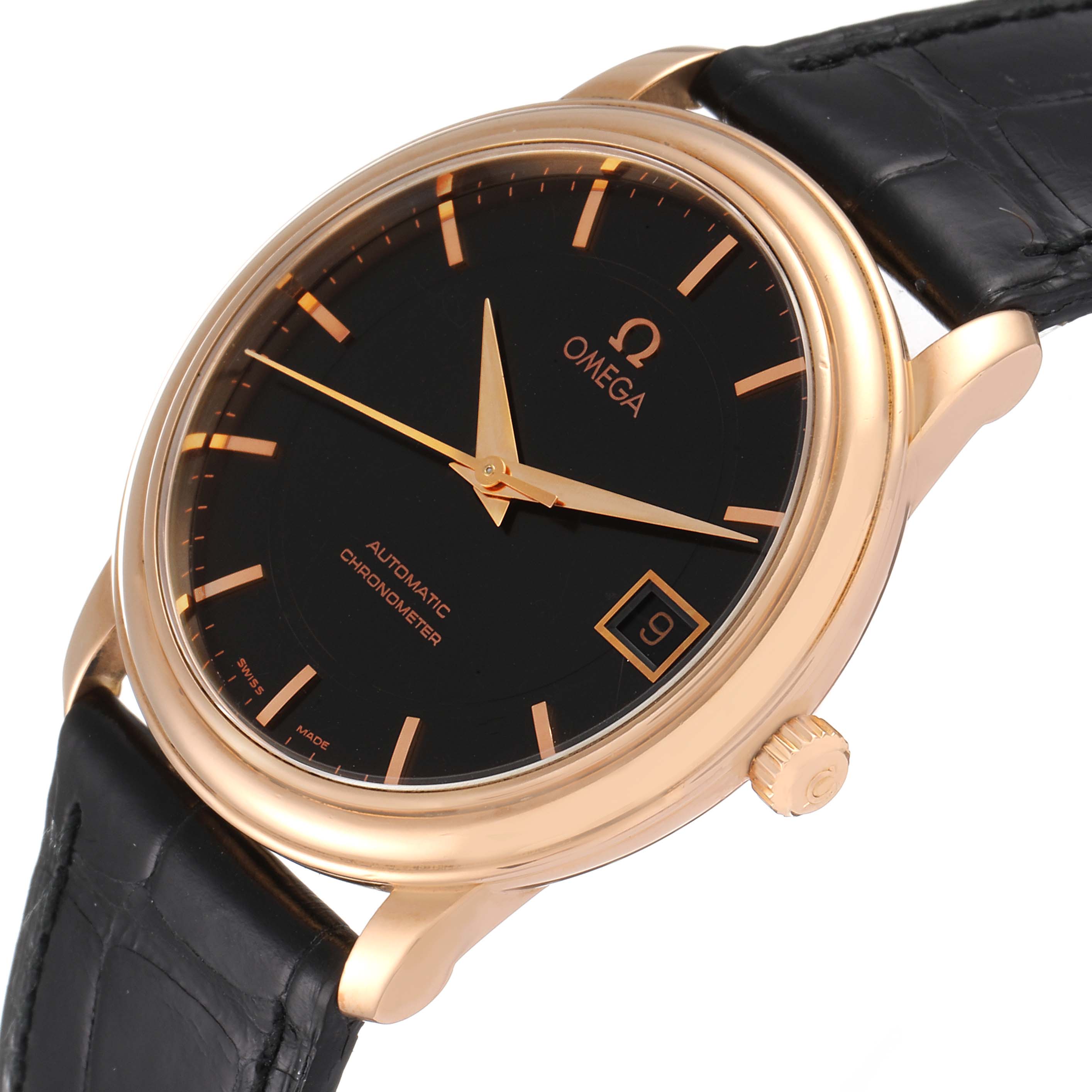 This Omega De Ville 4601.54.11 Men's Rose Gold Black Dial 4601.54.11 Men's Rose Gold Black Dial watch image shows a side angle, highlighting the gold-tone casing, black dial, and black leather strap.