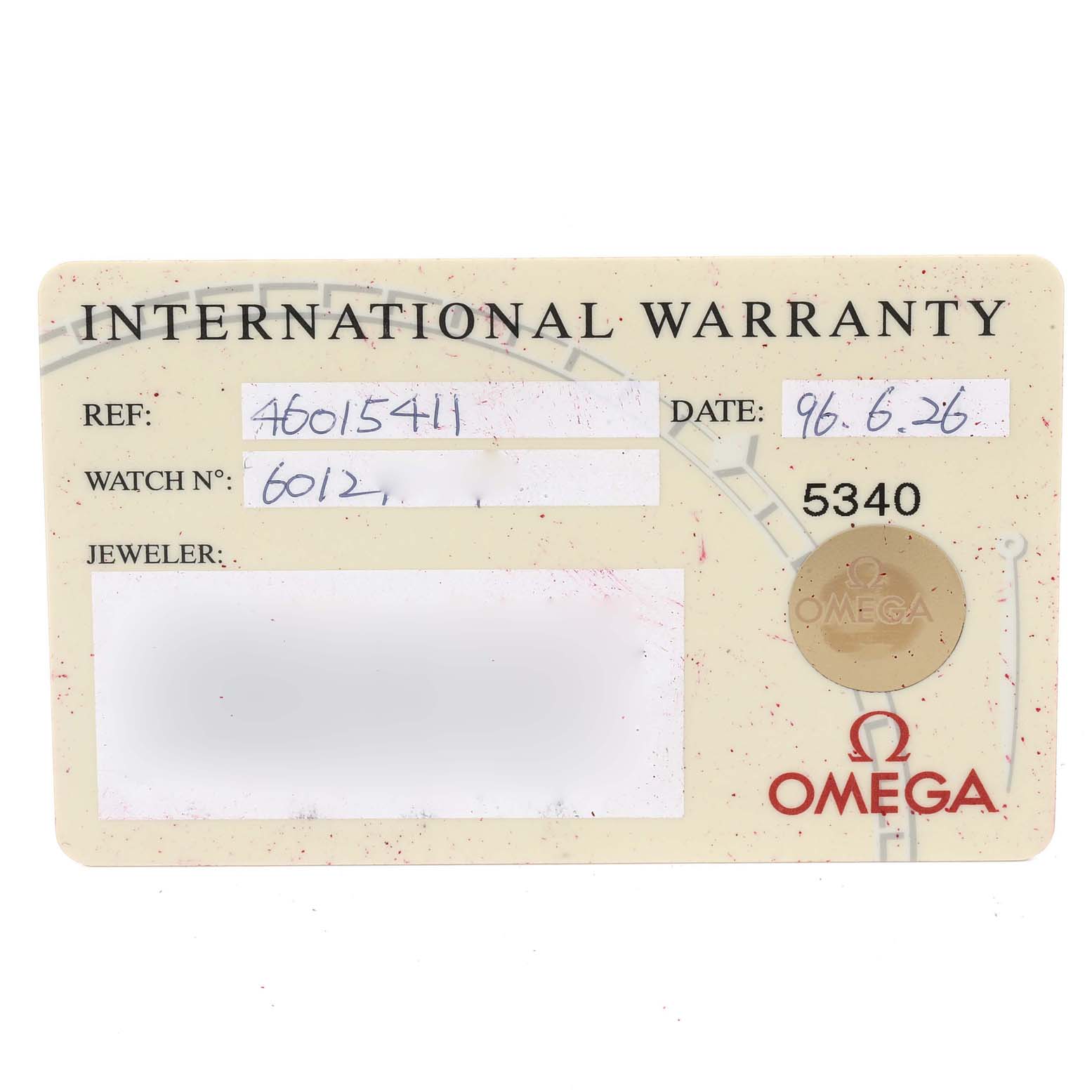 This is an Omega De Ville 4601.54.11 Men's Rose Gold Black Dial 4601.54.11 Men's Rose Gold Black Dial International Warranty card showing reference number, watch number, date, and Omega branding.