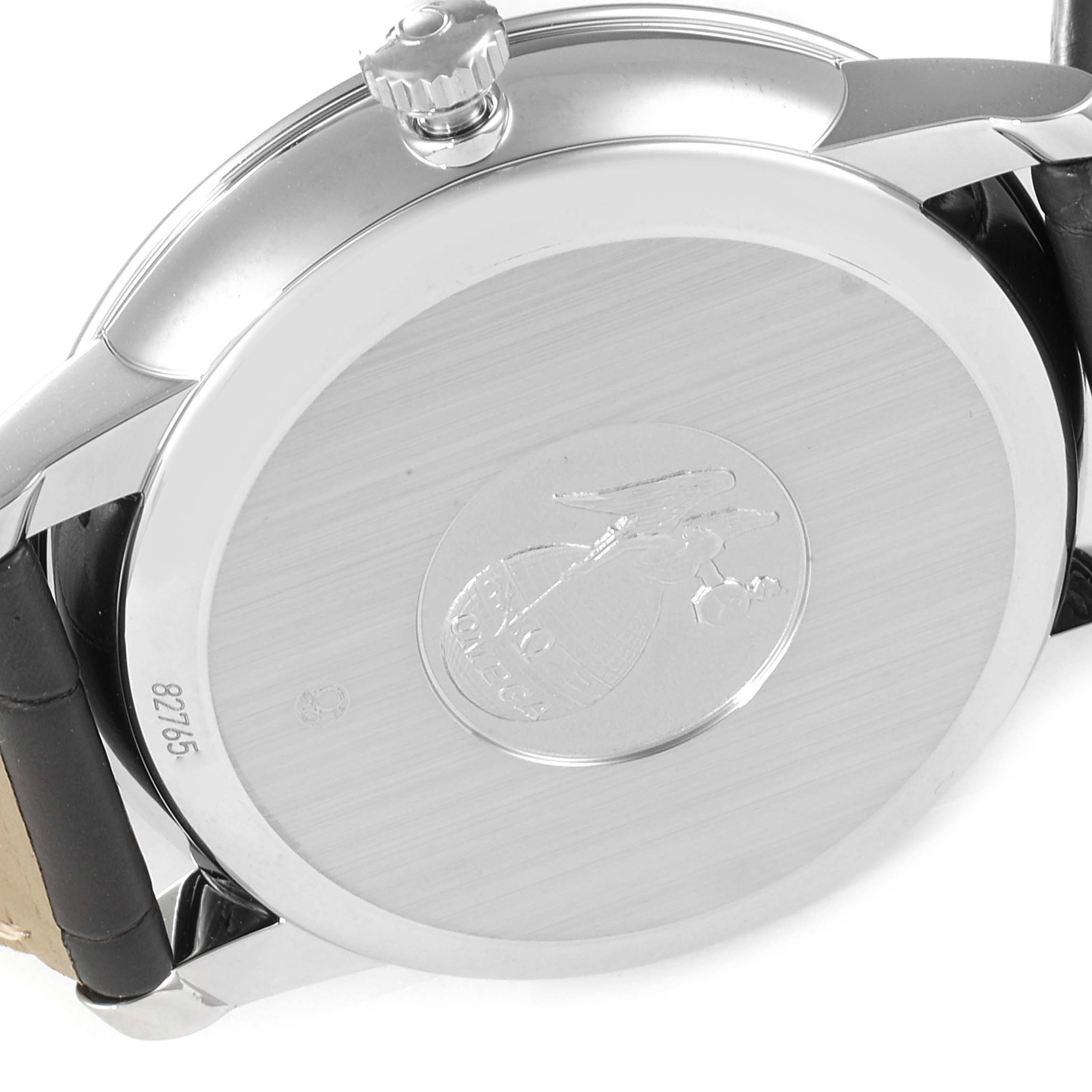 This image shows the back case and crown of an Omega De Ville 424.13.40.21.06.001 Men
s Stainless Steel Grey Dial 424.13.40.21.06.001 Men
s Stainless Steel Grey Dial watch from an angled side view.