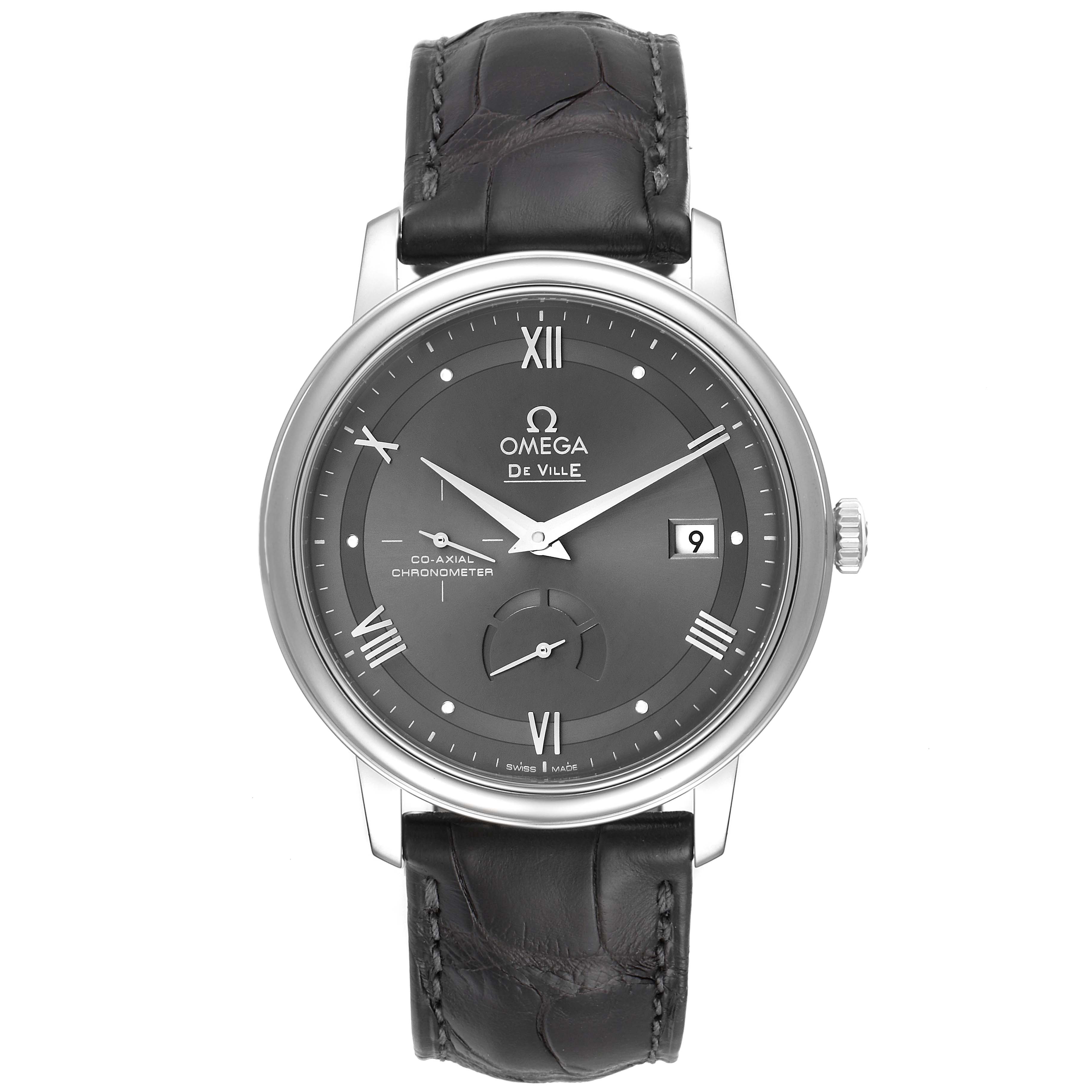 The image shows a frontal view of the Omega De Ville 424.13.40.21.06.001 Men
s Stainless Steel Grey Dial 424.13.40.21.06.001 Men
s Stainless Steel Grey Dial watch, displaying the dial, hands, date window, and leather strap.