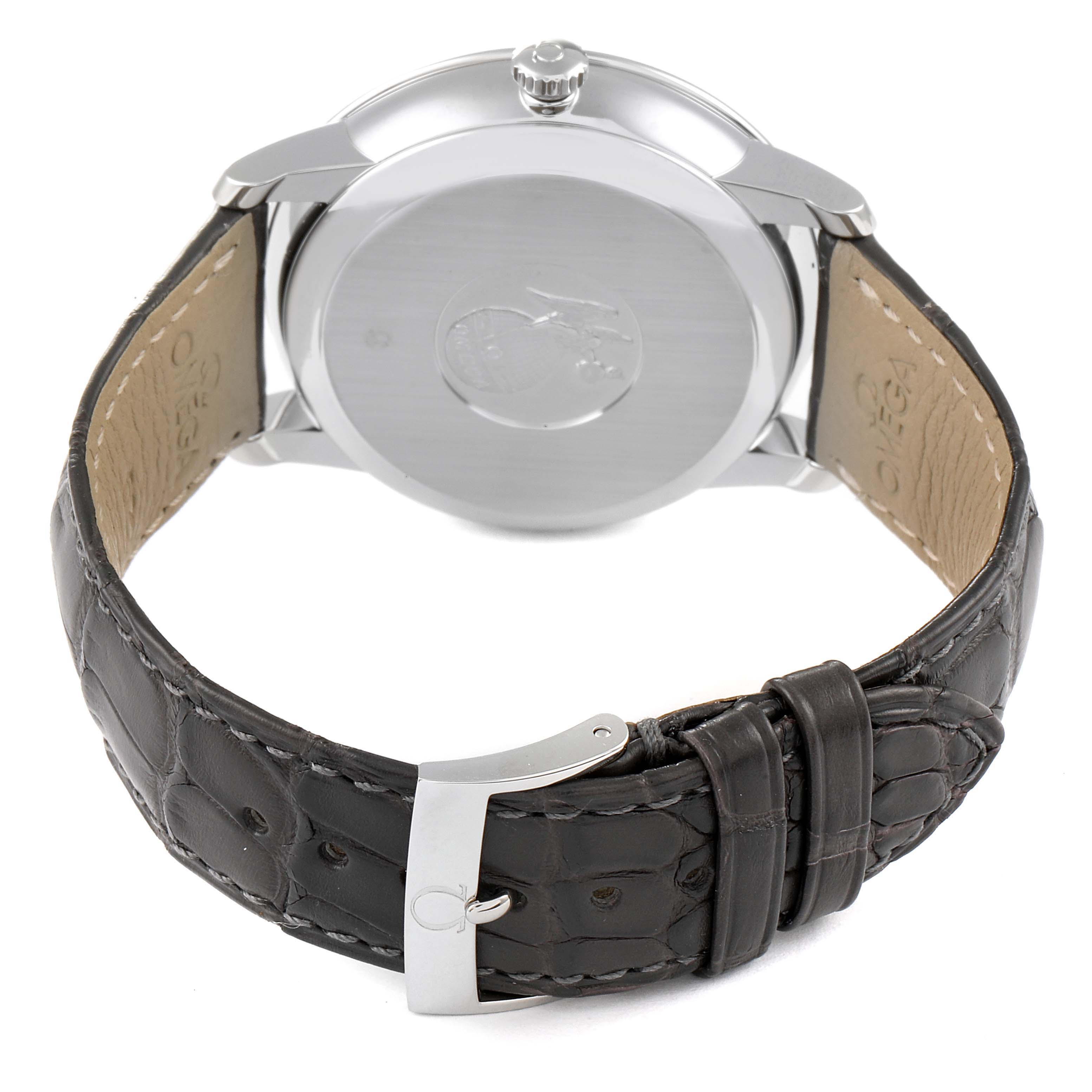 The image shows the back view of the Omega De Ville 424.13.40.21.06.001 Men
s Stainless Steel Grey Dial 424.13.40.21.06.001 Men
s Stainless Steel Grey Dial watch, highlighting its case back and leather strap with a buckle.
