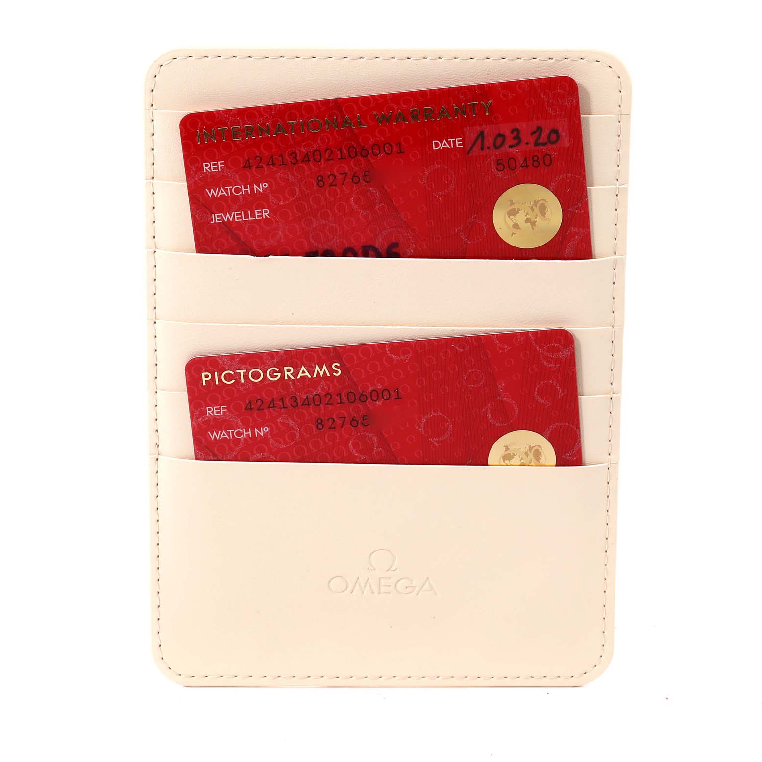 The image shows warranty cards and pictograms for the Omega De Ville 424.13.40.21.06.001 Men
s Stainless Steel Grey Dial 424.13.40.21.06.001 Men
s Stainless Steel Grey Dial model, held in a branded cardholder.