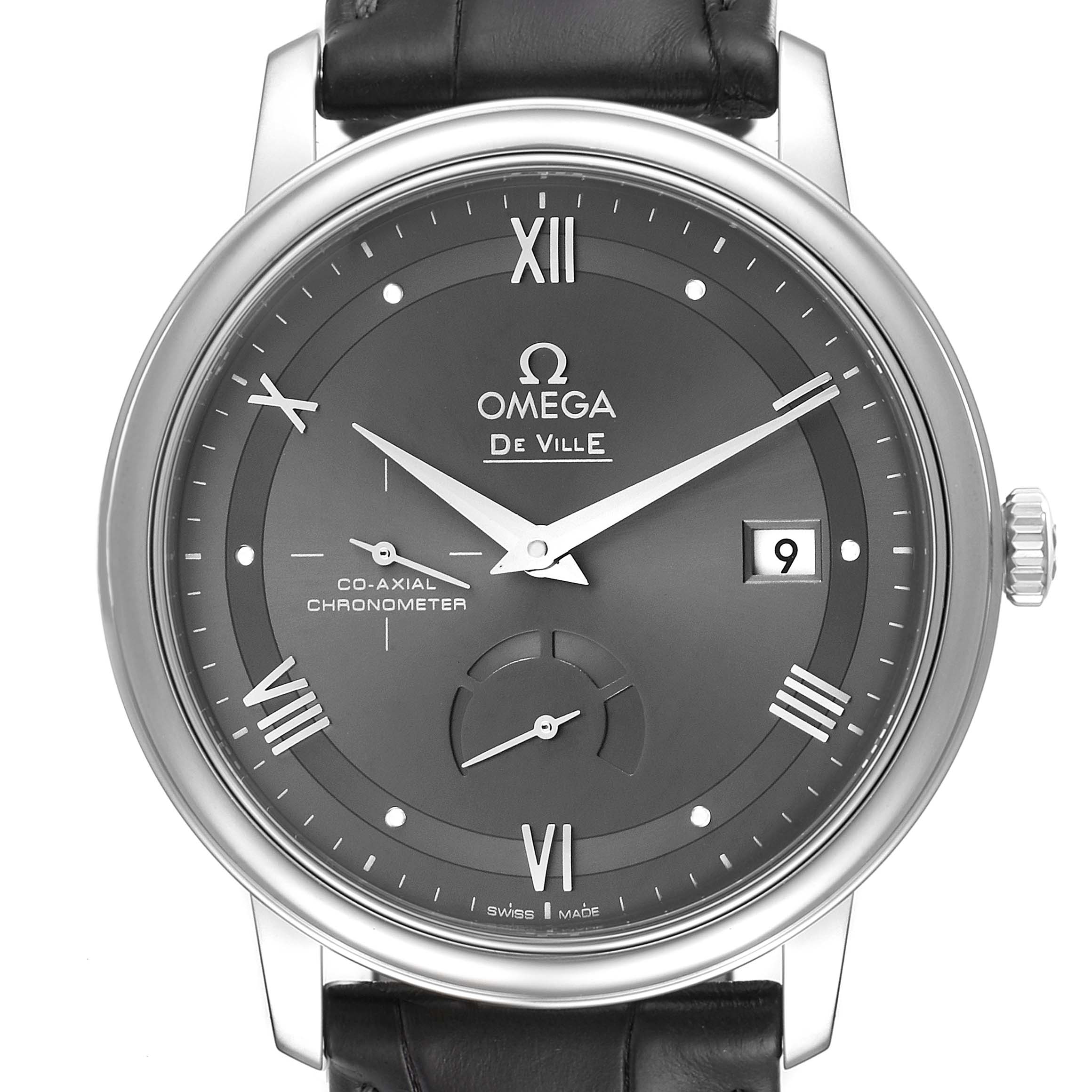 This image displays the Omega De Ville 424.13.40.21.06.001 Men
s Stainless Steel Grey Dial 424.13.40.21.06.001 Men
s Stainless Steel Grey Dial watch face from a straight-on angle showing the dial, hands, date window, and subdial.