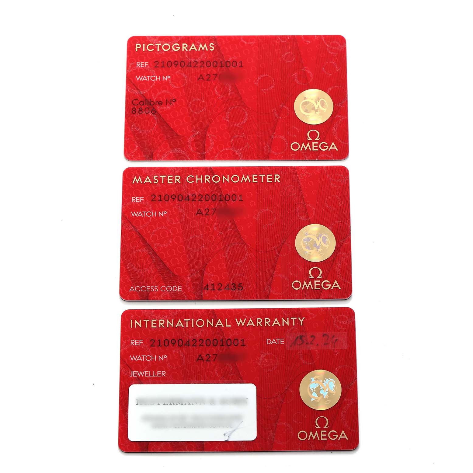 The image shows red cards for an Omega Seamaster 210.90.42.20.01.001 Men's Titanium Brown Dial, including pictograms, chronometer, and warranty details.