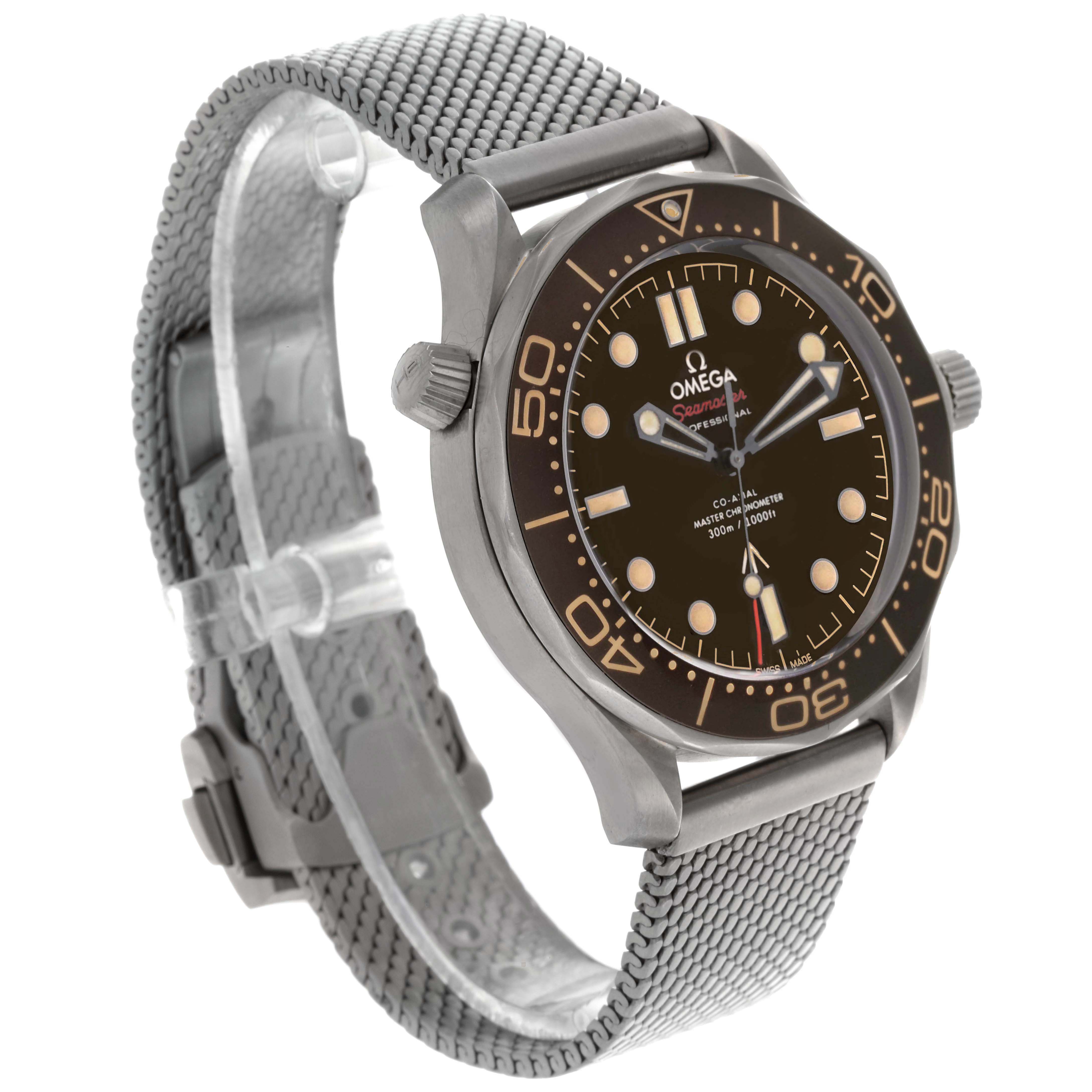 The Omega Seamaster 210.90.42.20.01.001 Men's Titanium Brown Dial watch is shown at a three-quarter angle, displaying the face, bezel, crown, and perforated strap.
