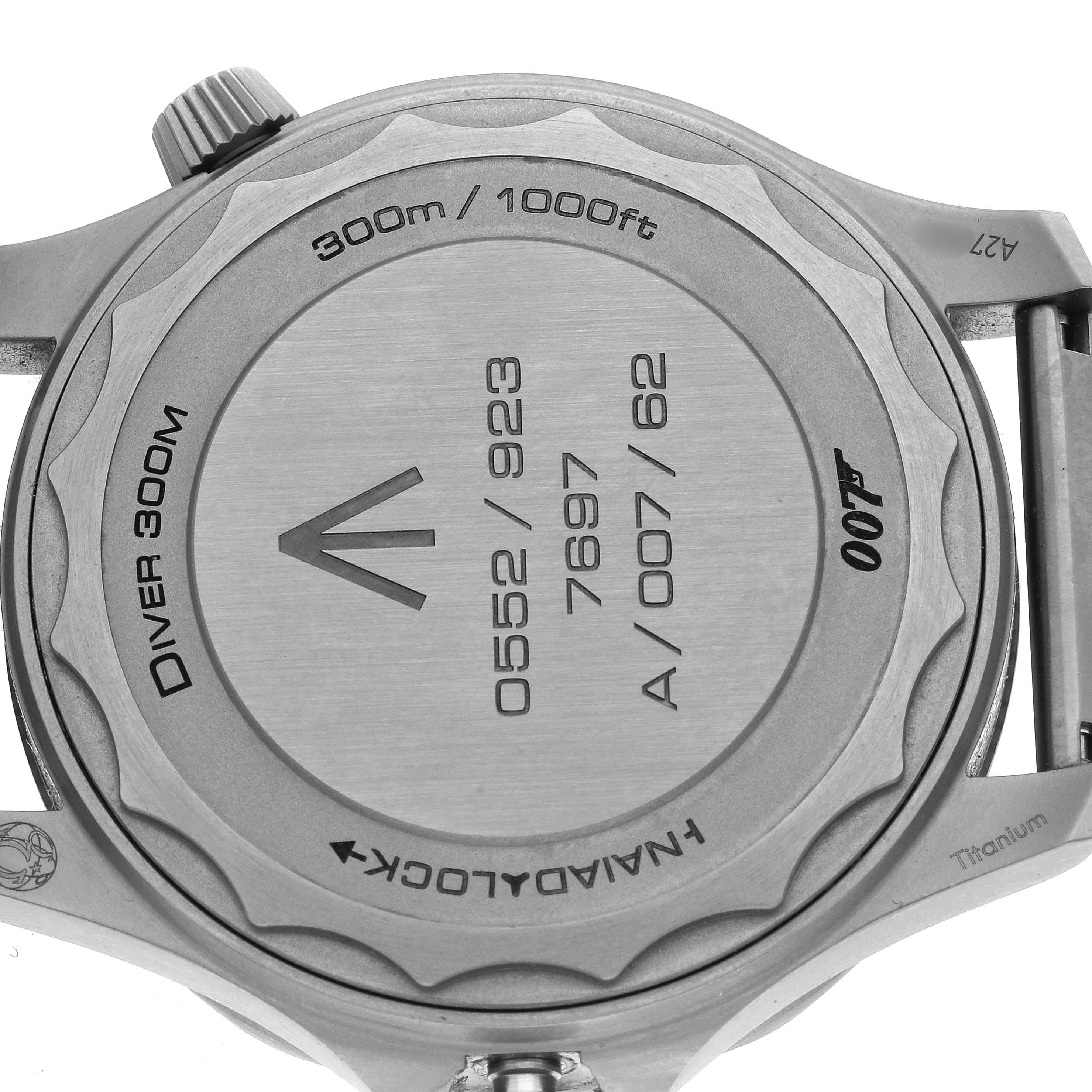 The image shows the back case of the Omega Seamaster 210.90.42.20.01.001 Men's Titanium Brown Dial watch, displaying engravings and the water resistance rating.