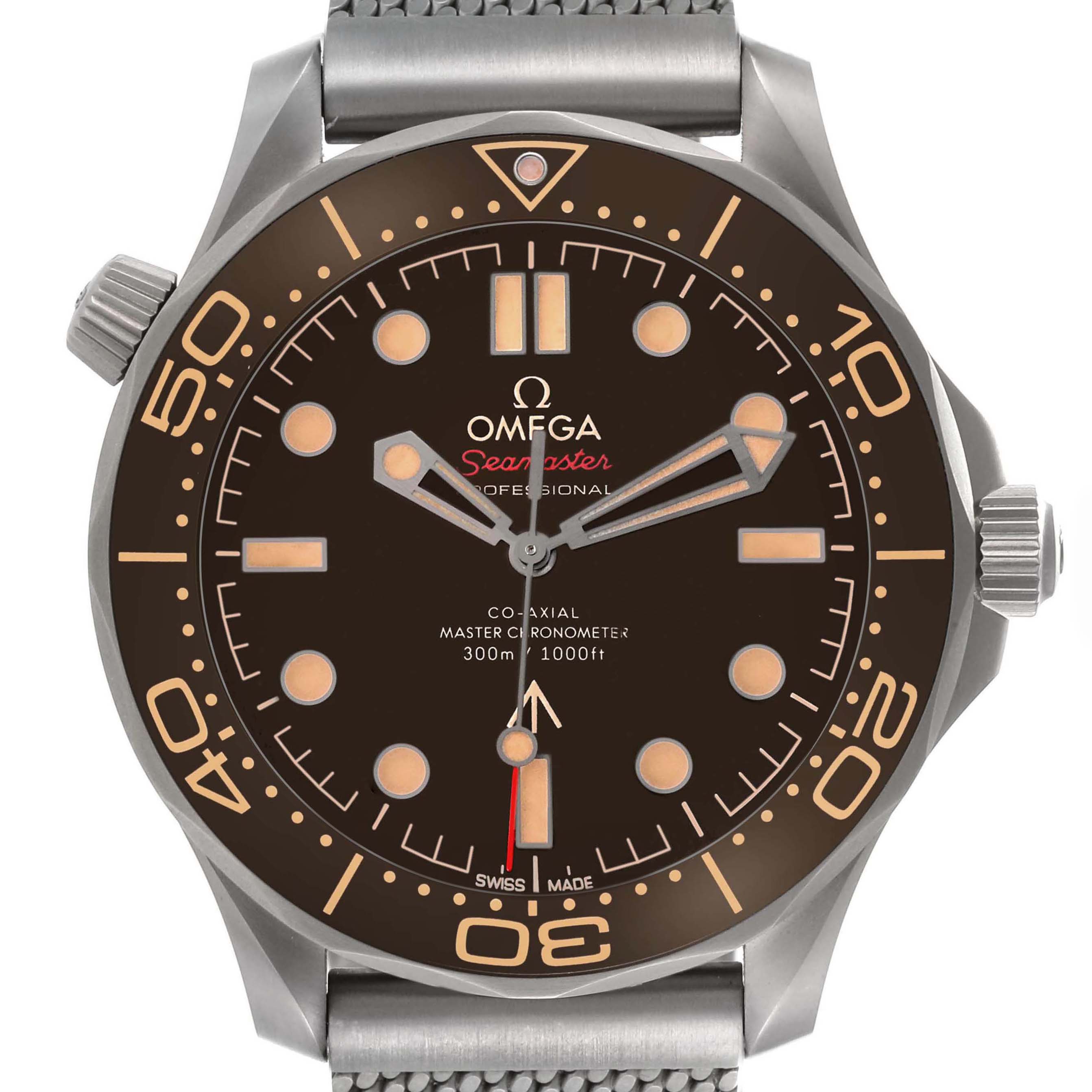 The Omega Seamaster 210.90.42.20.01.001 Men's Titanium Brown Dial watch is shown from the front, displaying the face, bezel, and partial strap.