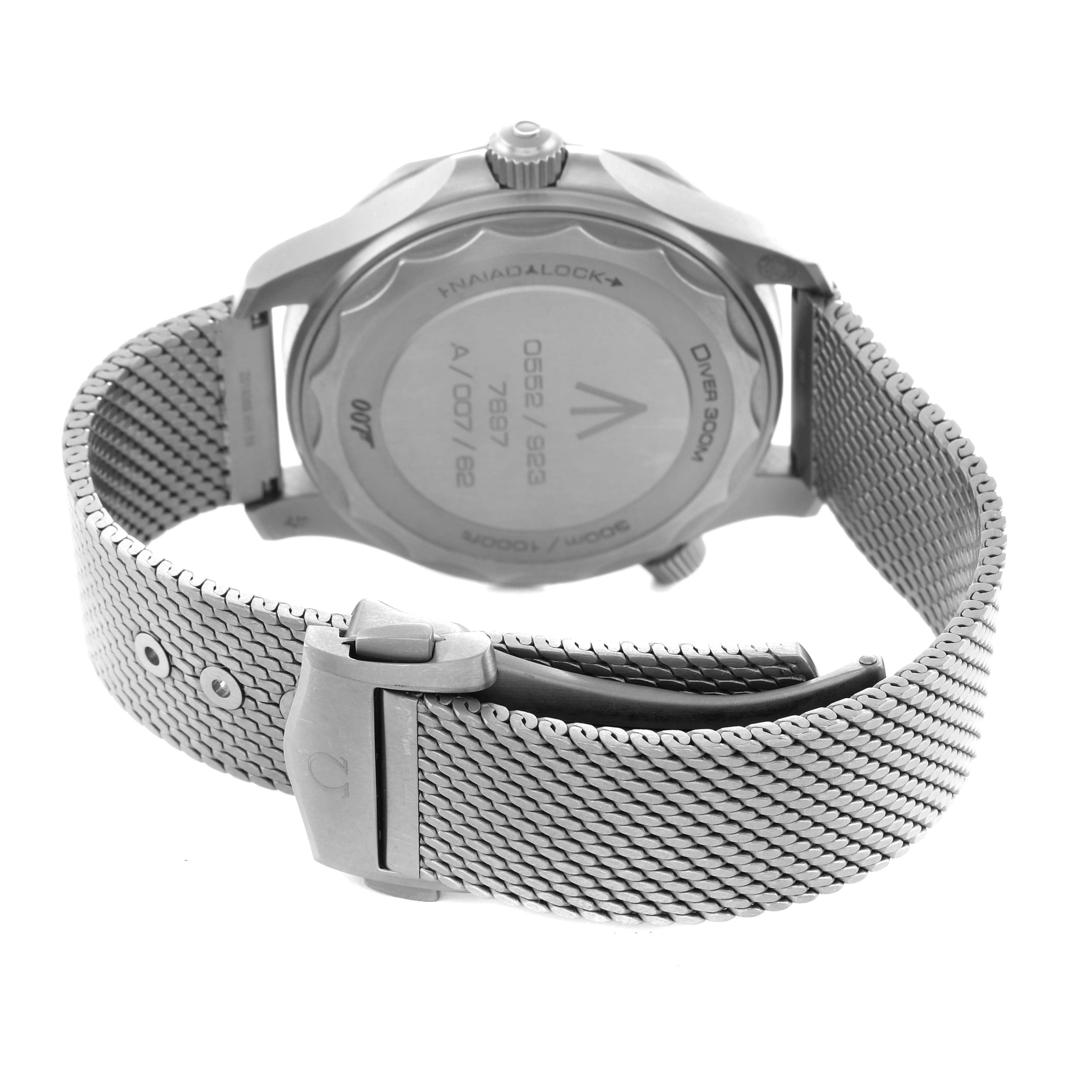 The Omega Seamaster 210.90.42.20.01.001 Men's Titanium Brown Dial watch is shown from the back, highlighting the case back, mesh bracelet, and clasp.