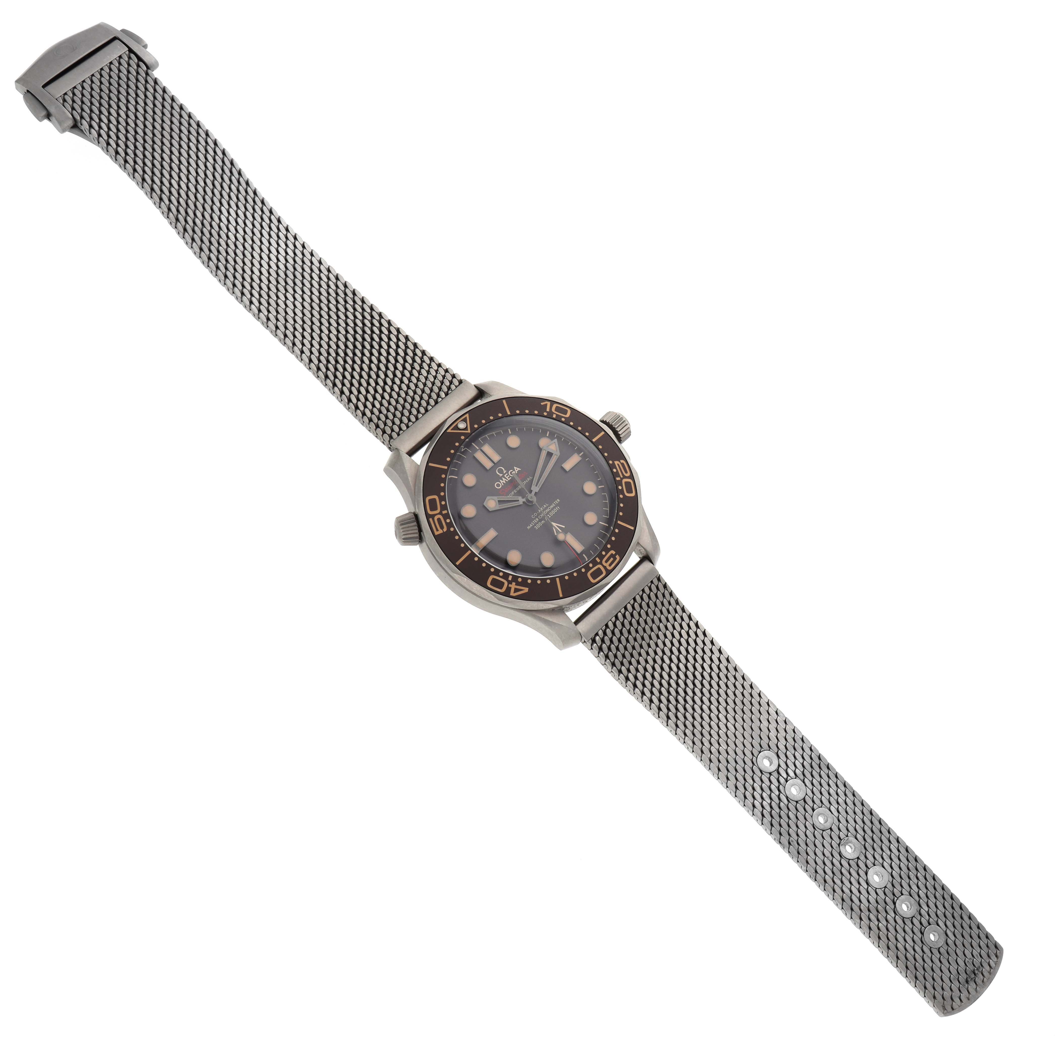 The Omega Seamaster 210.90.42.20.01.001 Men's Titanium Brown Dial is shown from an angled top view, displaying its mesh bracelet, dial, and bezel prominently.