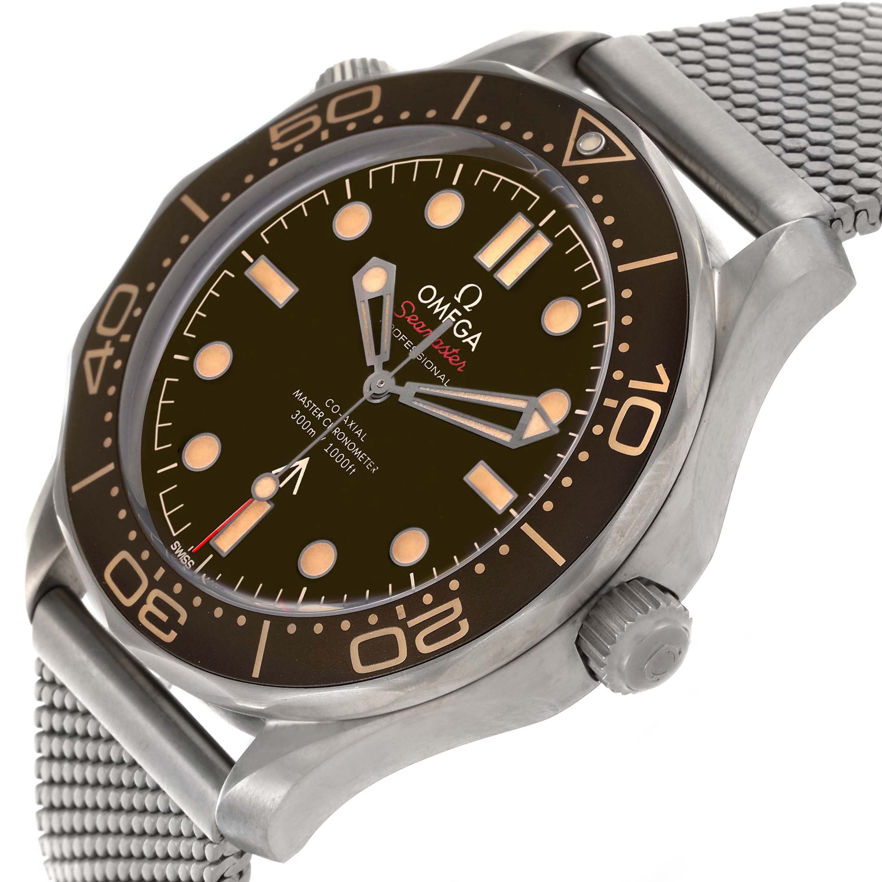 The Omega Seamaster 210.90.42.20.01.001 Men's Titanium Brown Dial watch is shown at an angled side view, highlighting the bezel, dial, crown, and mesh bracelet.