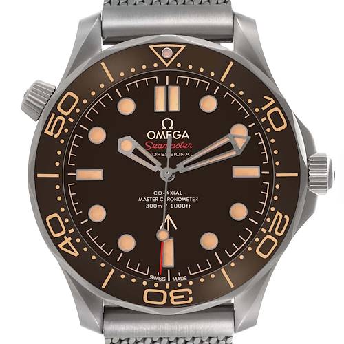 The Omega Seamaster 210.90.42.20.01.001 Men's Titanium Brown Dial watch is shown from the front, displaying its face, bezel, and partially the band.