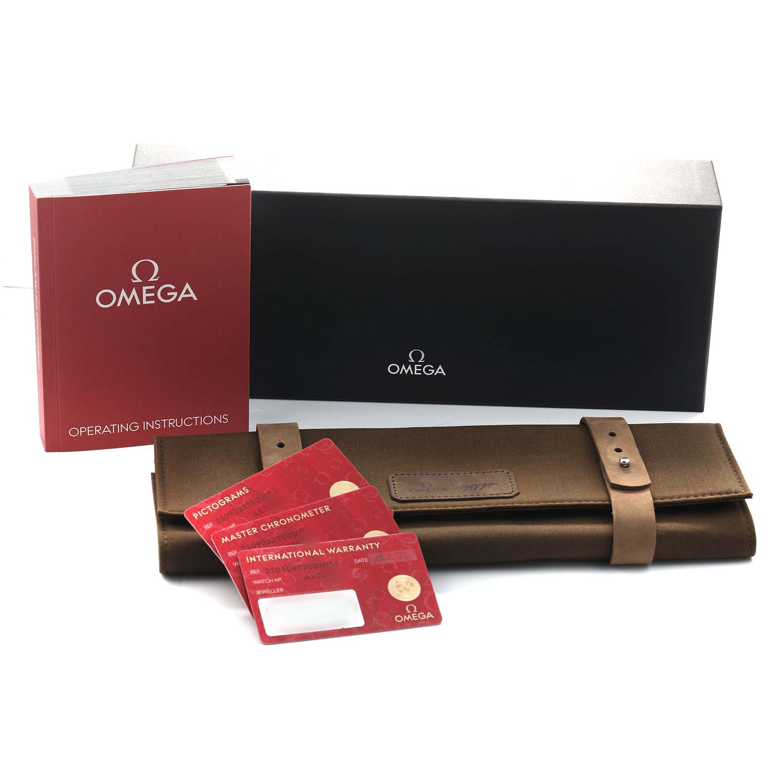 The image shows Omega Seamaster 210.90.42.20.01.001 Men's Titanium Brown Dial accessories: a black box, red manual, brown case, and warranty cards.