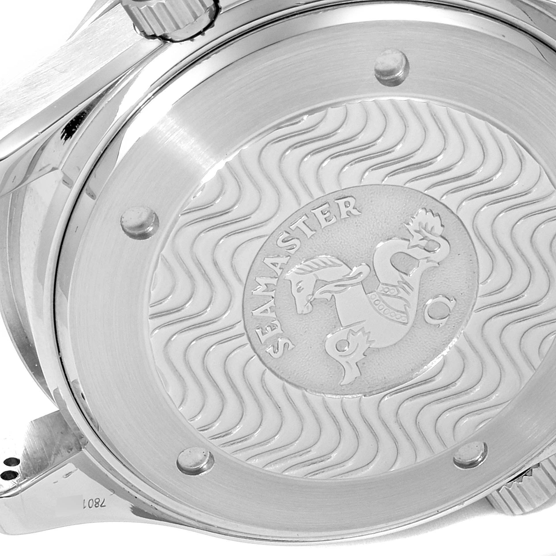 This image shows the case back of an Omega Seamaster 2594.50.00 Men
s Stainless Steel Black Dial 2594.50.00 Men
s Stainless Steel Black Dial watch, featuring the signature logo and wave design.