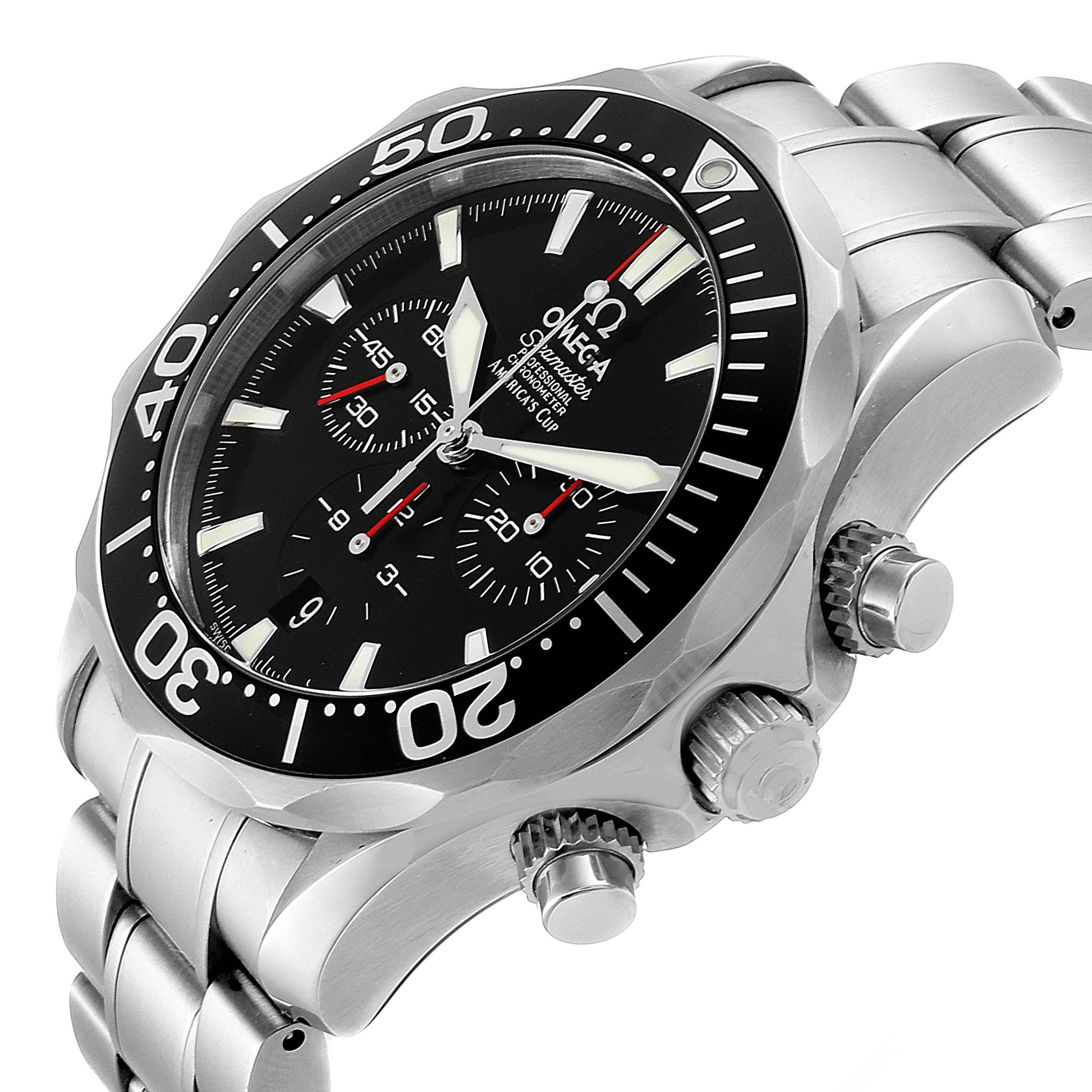 This Omega Seamaster 2594.50.00 Men
s Stainless Steel Black Dial 2594.50.00 Men
s Stainless Steel Black Dial watch is shown at an angled view, displaying its face, bezel, and side pushers.