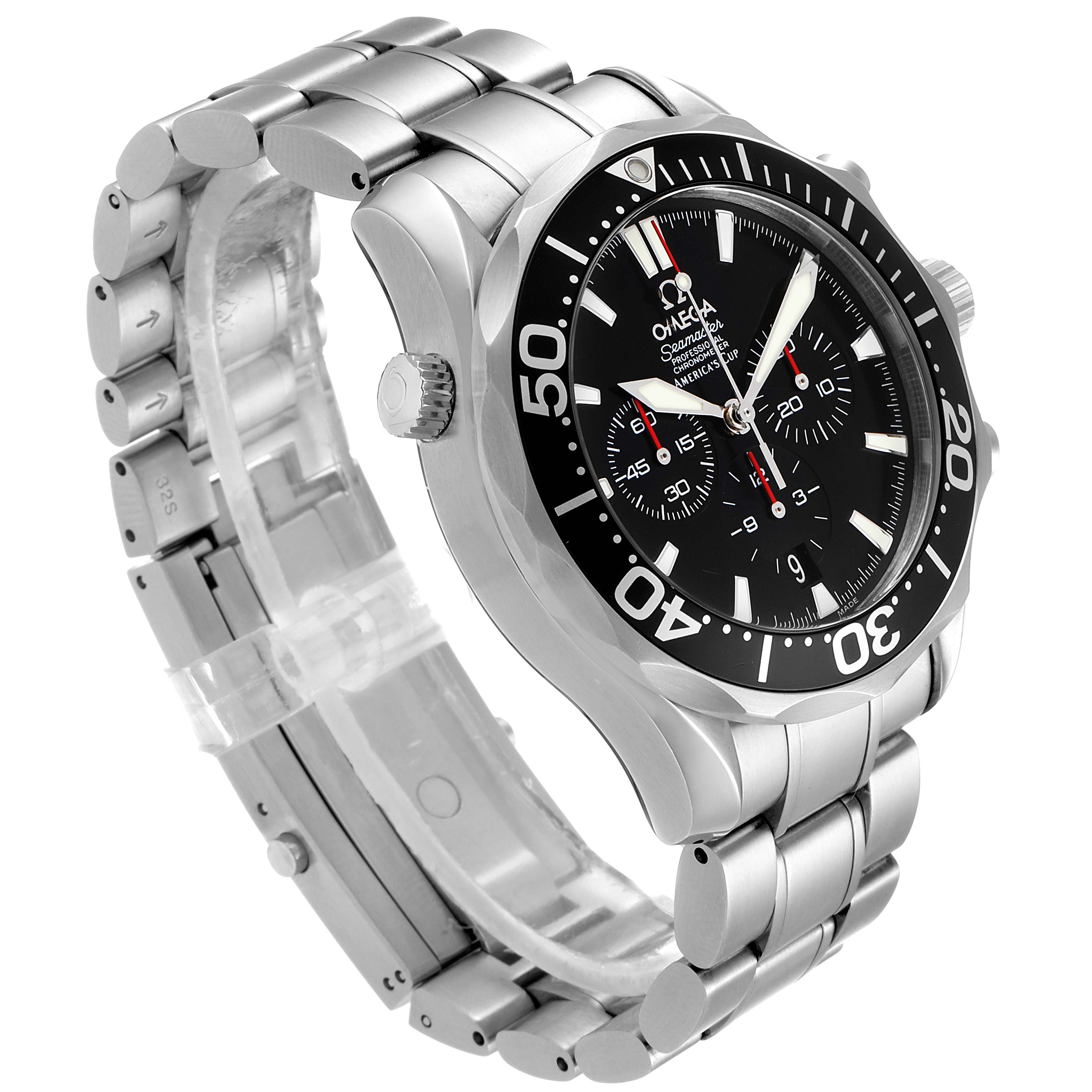 The Omega Seamaster 2594.50.00 Men
s Stainless Steel Black Dial 2594.50.00 Men
s Stainless Steel Black Dial watch is shown at a three-quarter angle, highlighting its face, bezel, crown, and stainless steel bracelet.