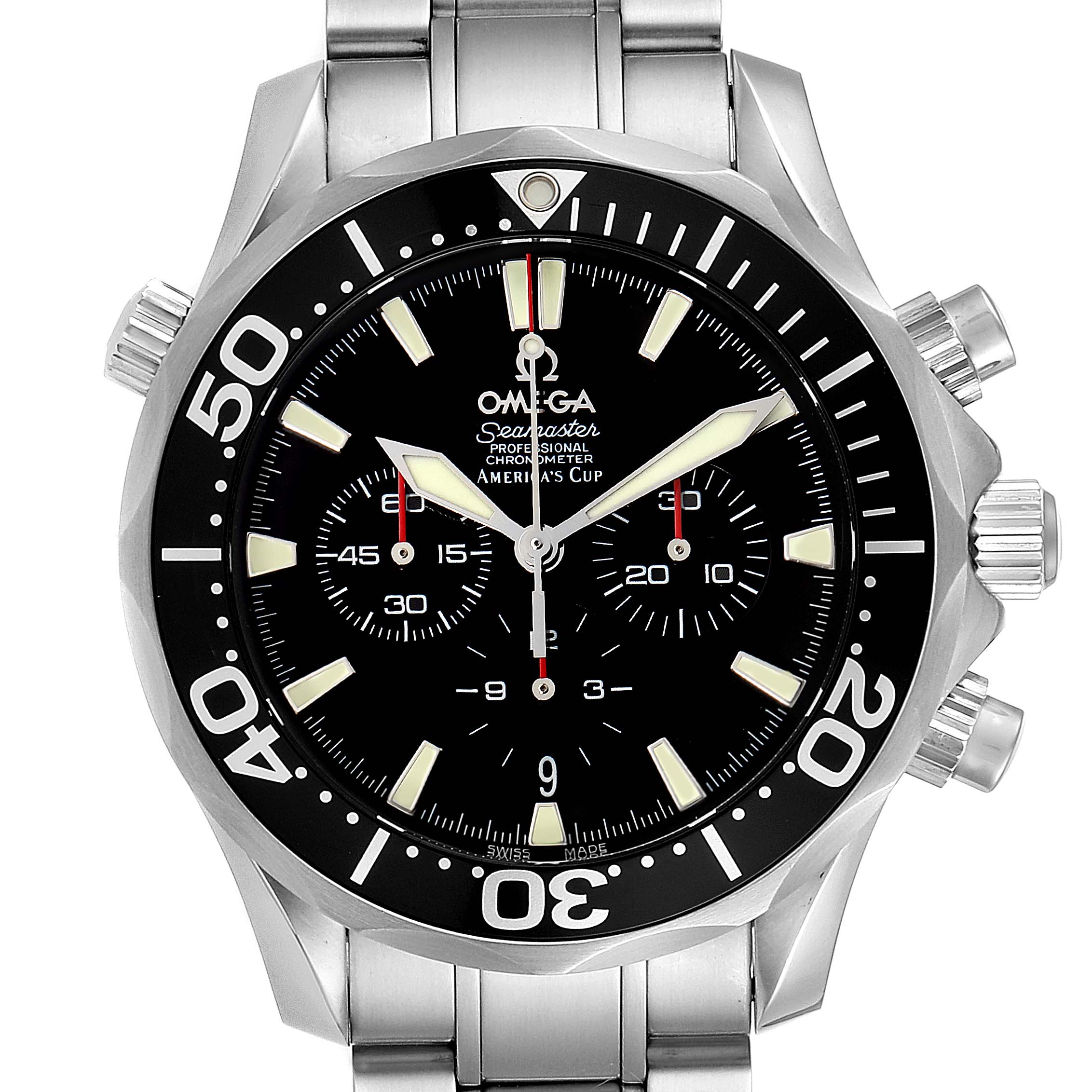 The image shows a front view of the Omega Seamaster 2594.50.00 Men
s Stainless Steel Black Dial 2594.50.00 Men
s Stainless Steel Black Dial watch, highlighting its dial, bezel, and bracelet.