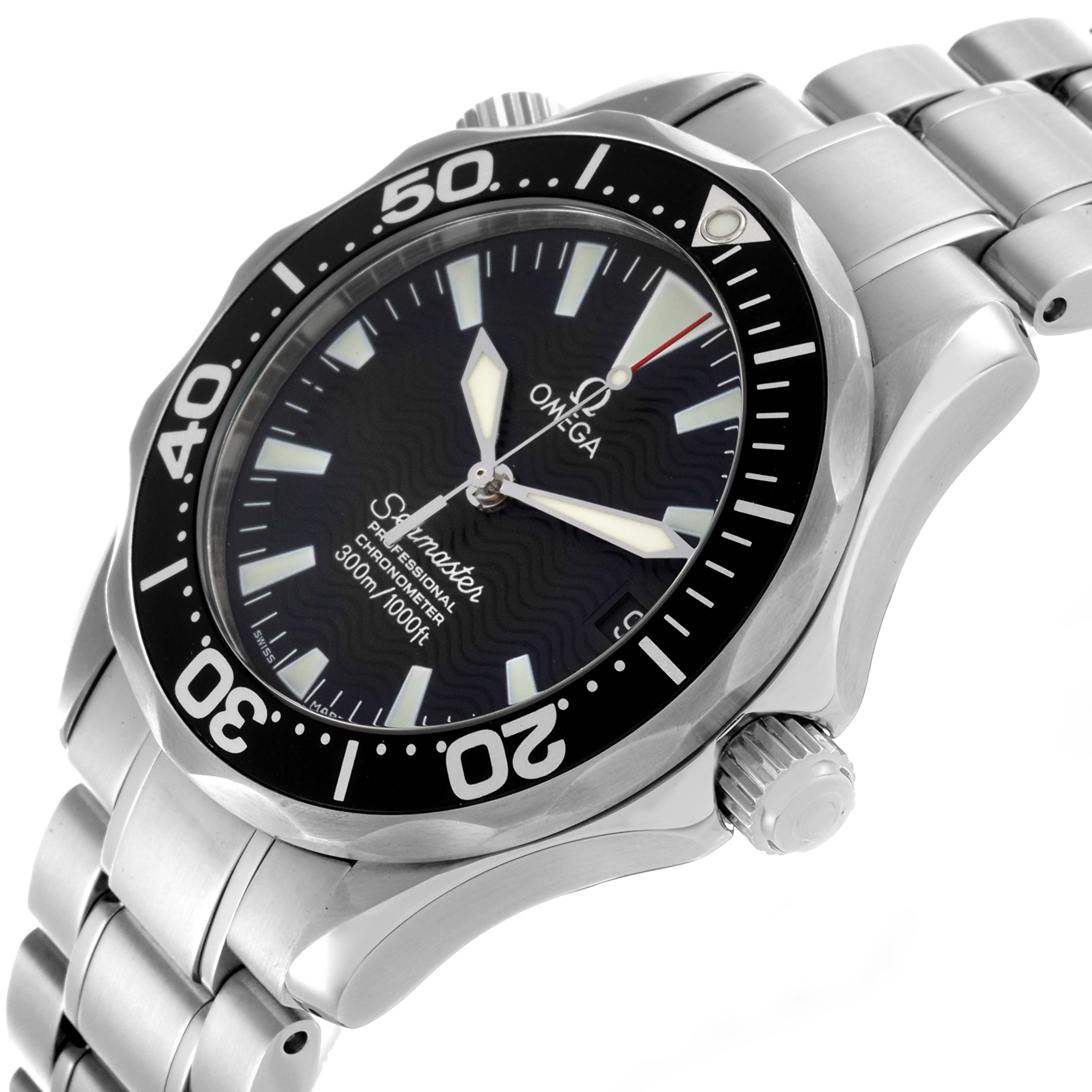 The image shows the Omega Seamaster 2252.50.00 Men
s Stainless Steel Black Dial 2252.50.00 Men
s Stainless Steel Black Dial watch at a three-quarter angle displaying the face, bezel, crown, and bracelet.
