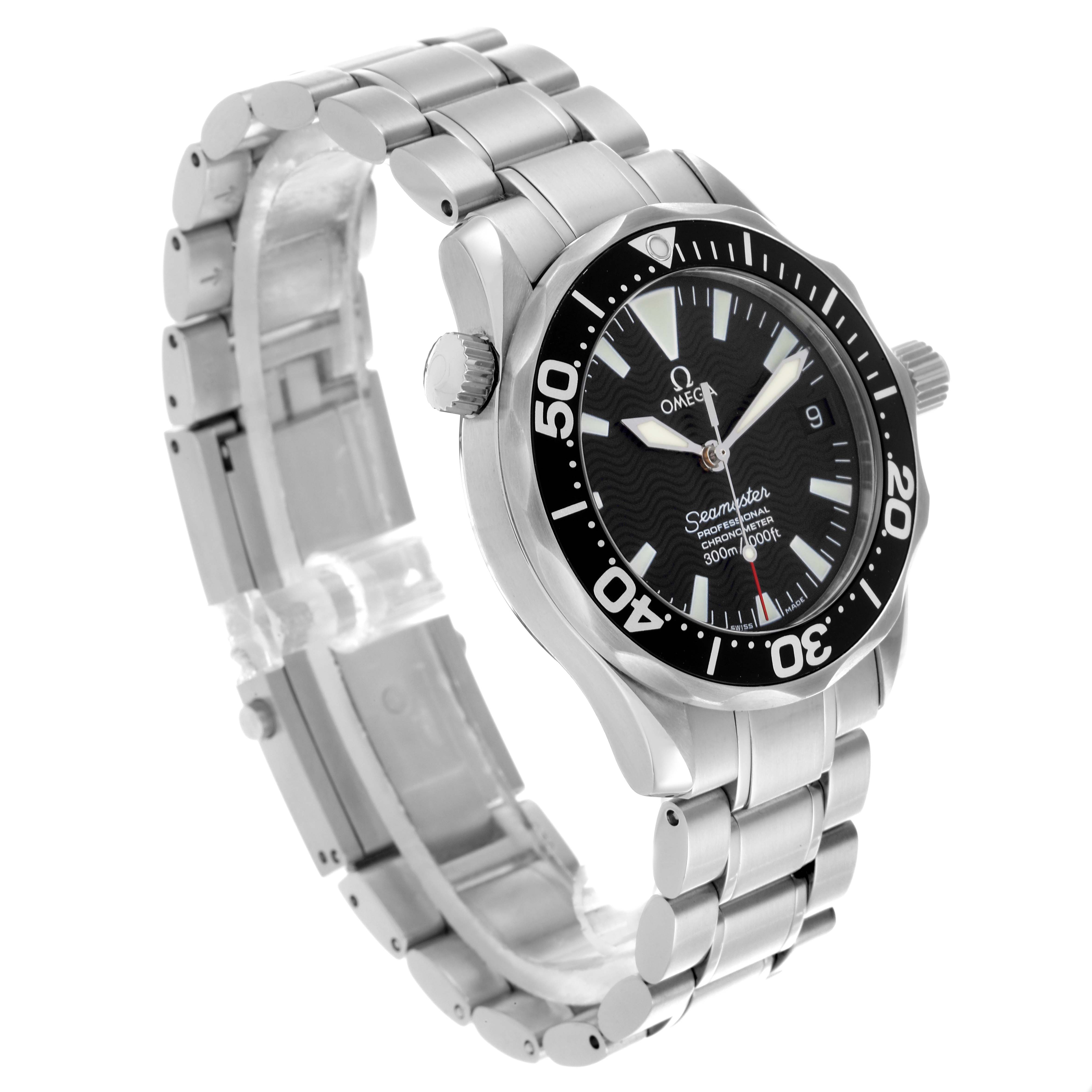 The Omega Seamaster 2252.50.00 Men
s Stainless Steel Black Dial 2252.50.00 Men
s Stainless Steel Black Dial watch is shown at an angle highlighting its bezel, crown, dial, and metal bracelet.
