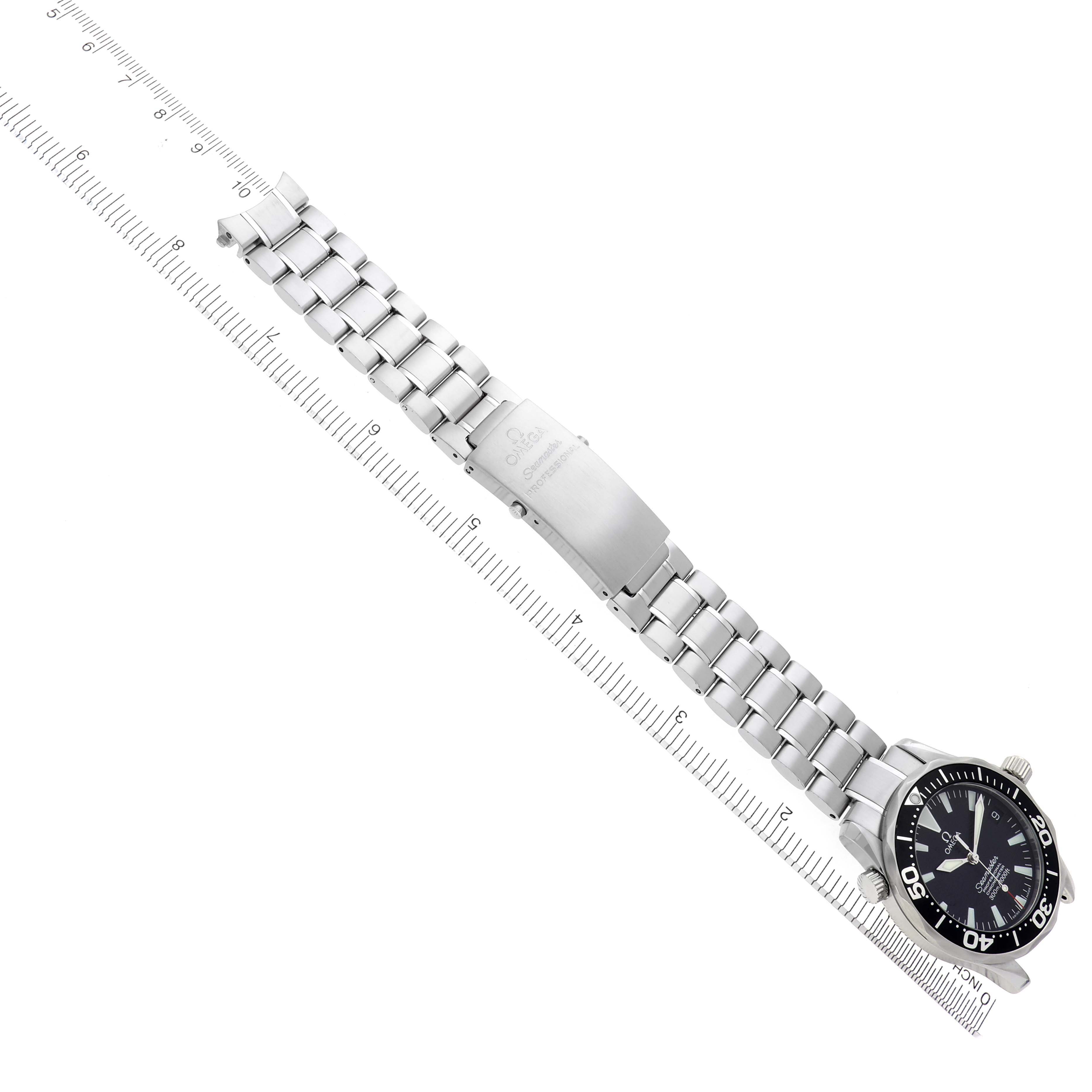 The Omega Seamaster 2252.50.00 Men
s Stainless Steel Black Dial 2252.50.00 Men
s Stainless Steel Black Dial watch is shown from a top-down angle, displaying its full metal bracelet and clasp.