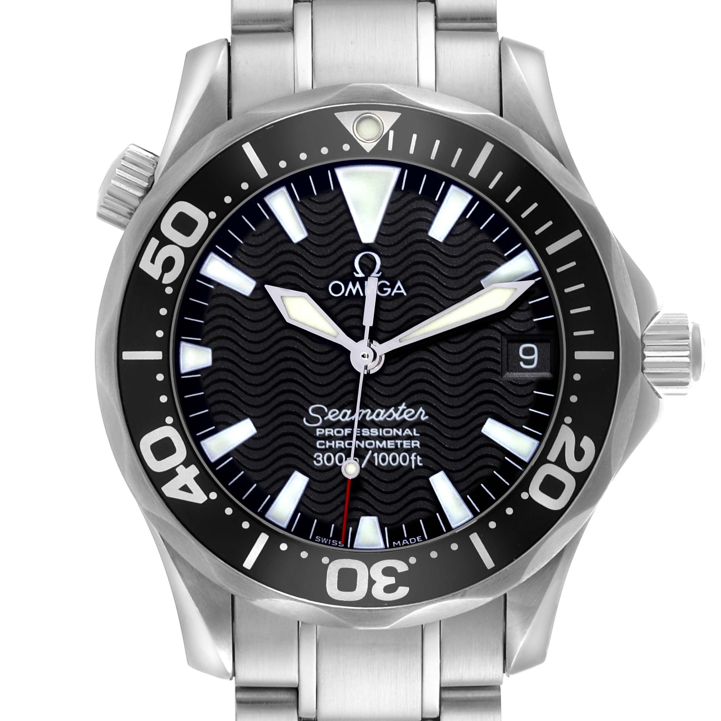 The Omega Seamaster 2252.50.00 Men
s Stainless Steel Black Dial 2252.50.00 Men
s Stainless Steel Black Dial watch is shown from a top-down angle, highlighting the dial, bezel, and bracelet.
