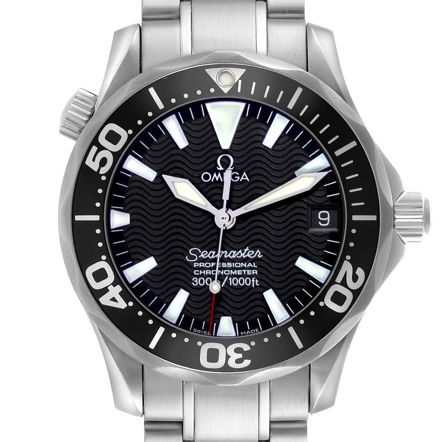 The Omega Seamaster watch is shown from a top-down angle, highlighting the dial, bezel, and bracelet.