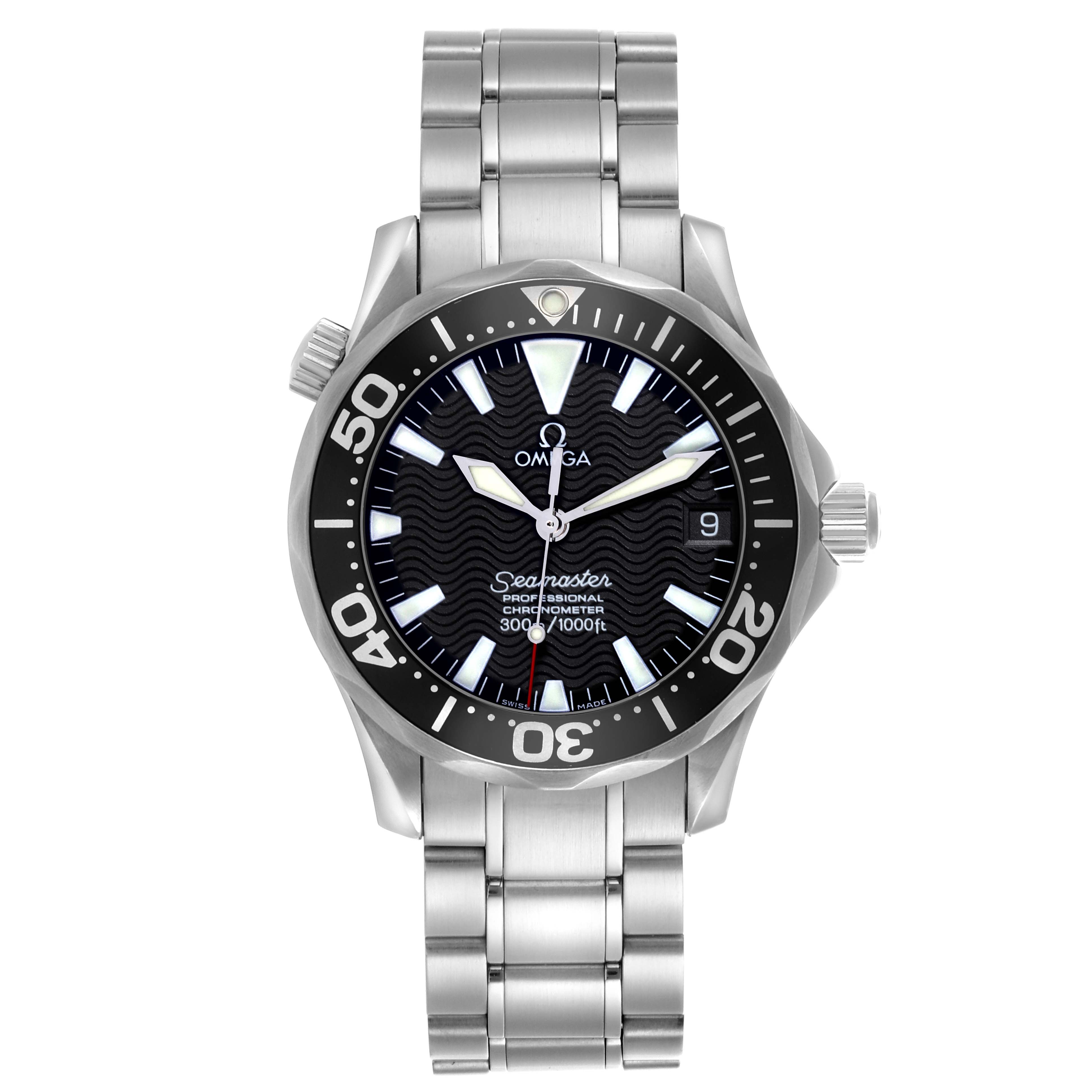 The Omega Seamaster 2252.50.00 Men
s Stainless Steel Black Dial 2252.50.00 Men
s Stainless Steel Black Dial watch is shown from a front angle, displaying its face, bezel, crown, and metal bracelet.