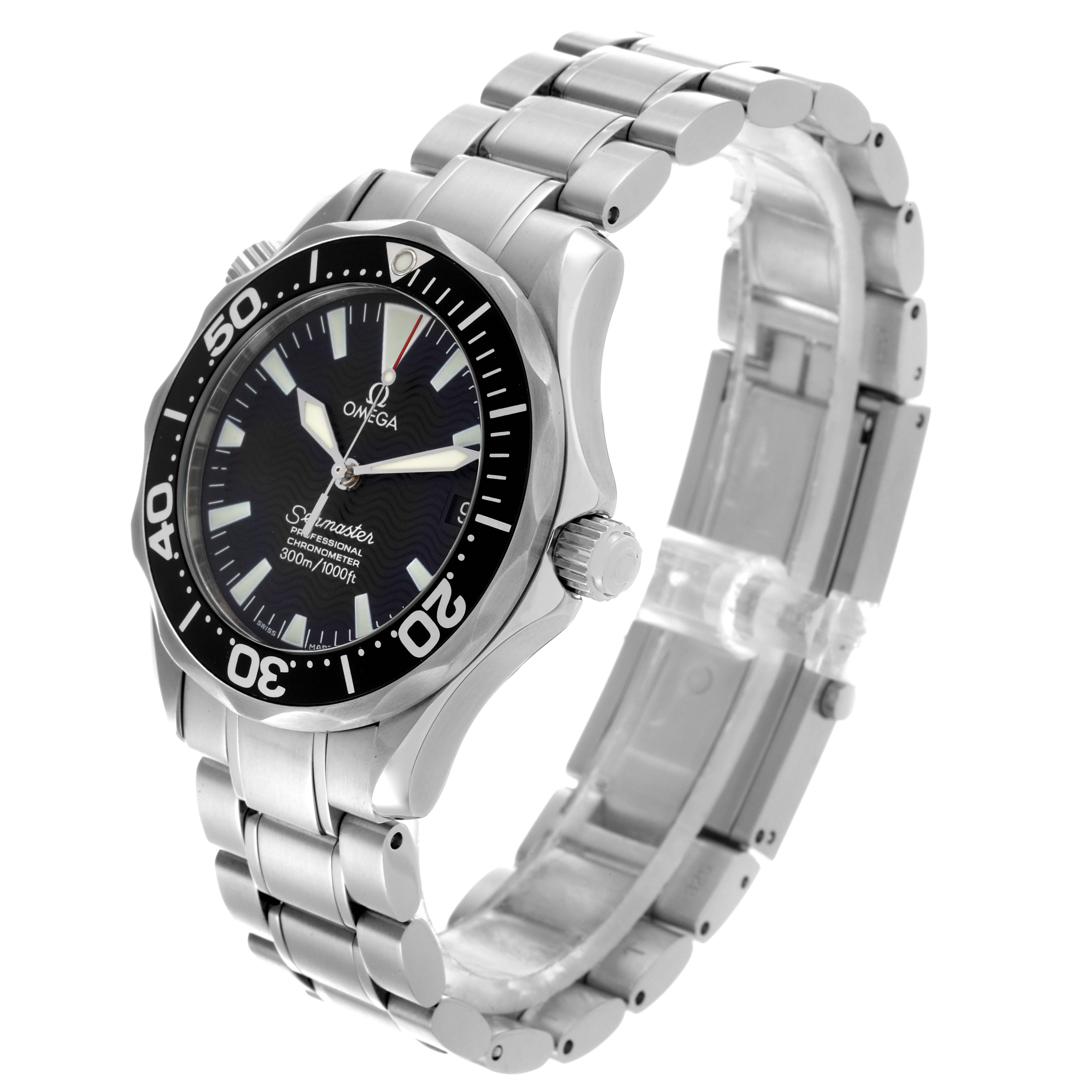 The Omega Seamaster 2252.50.00 Men
s Stainless Steel Black Dial 2252.50.00 Men
s Stainless Steel Black Dial is shown at a side angle, highlighting its stainless steel bracelet, bezel, and crown.