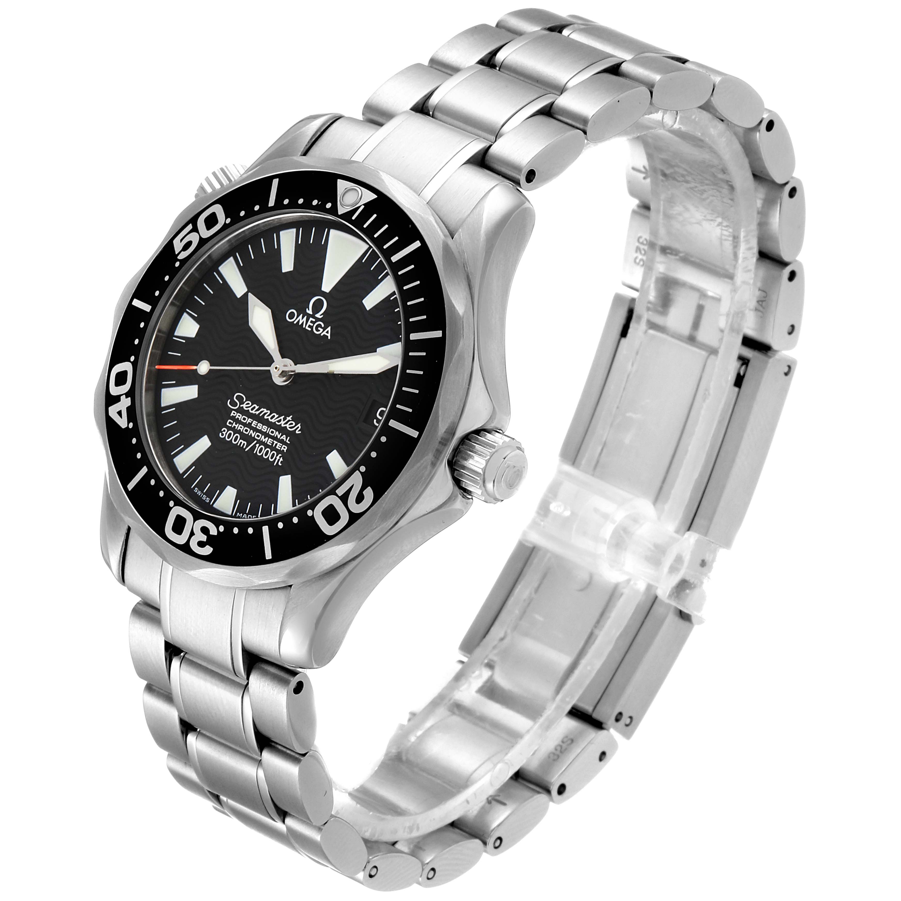 This side-angle view of the Omega Seamaster 2252.50.00 Men
s Stainless Steel Black Dial 2252.50.00 Men
s Stainless Steel Black Dial watch shows the face, bezel, crown, and metal bracelet.