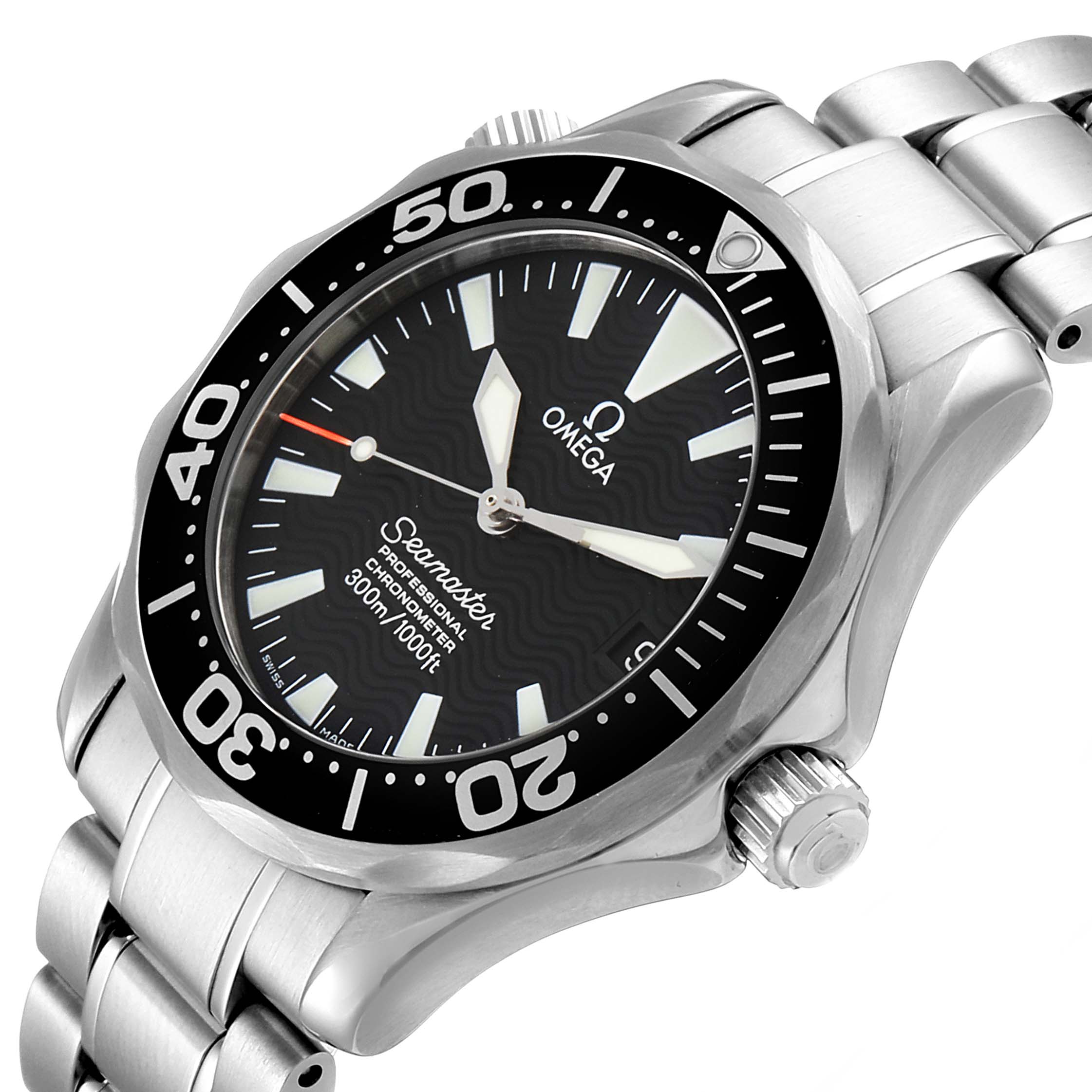 The image shows an angled view of the Omega Seamaster 2252.50.00 Men
s Stainless Steel Black Dial 2252.50.00 Men
s Stainless Steel Black Dial watch, highlighting its dial, bezel, crown, and part of the bracelet.