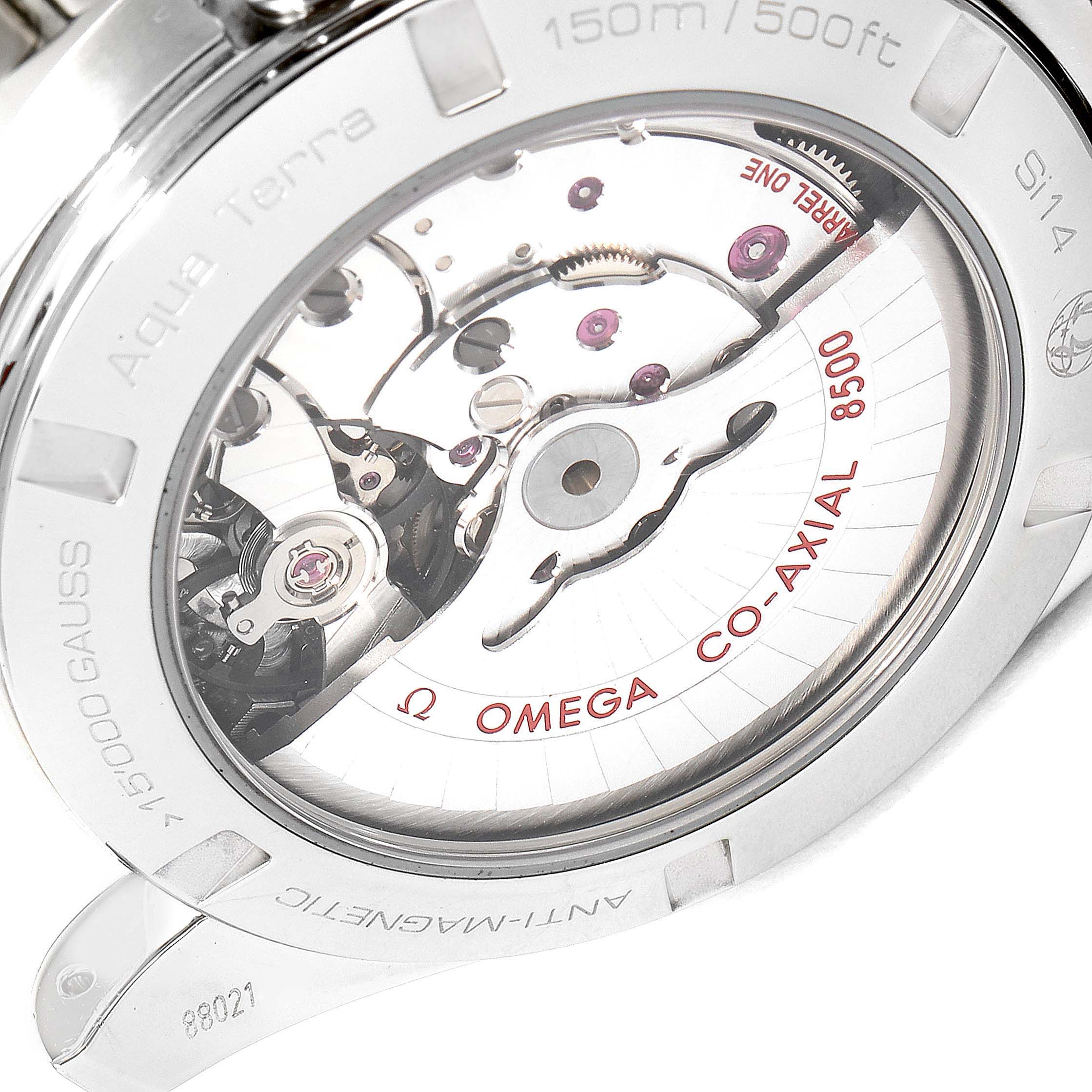 The image shows the rear view of the Omega Aqua Terra 231.10.42.21.03.003 Men
s Stainless Steel Blue Dial 231.10.42.21.03.003 Men
s Stainless Steel Blue Dial watch displaying its Co-Axial 8500 movement through a transparent case back.