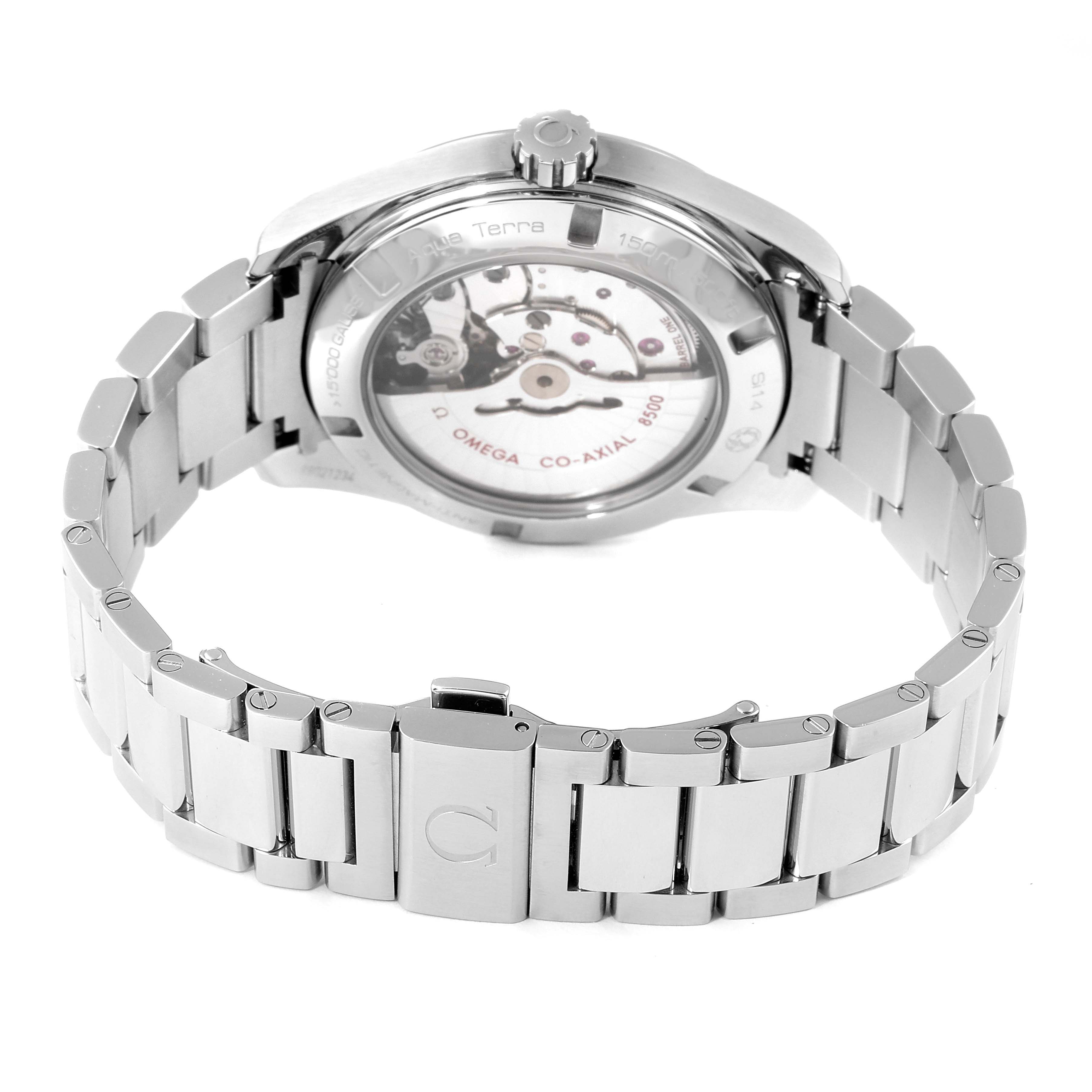 This image shows the back case and metal bracelet of an Omega Aqua Terra 231.10.42.21.03.003 Men
s Stainless Steel Blue Dial 231.10.42.21.03.003 Men
s Stainless Steel Blue Dial watch, highlighting the movement.