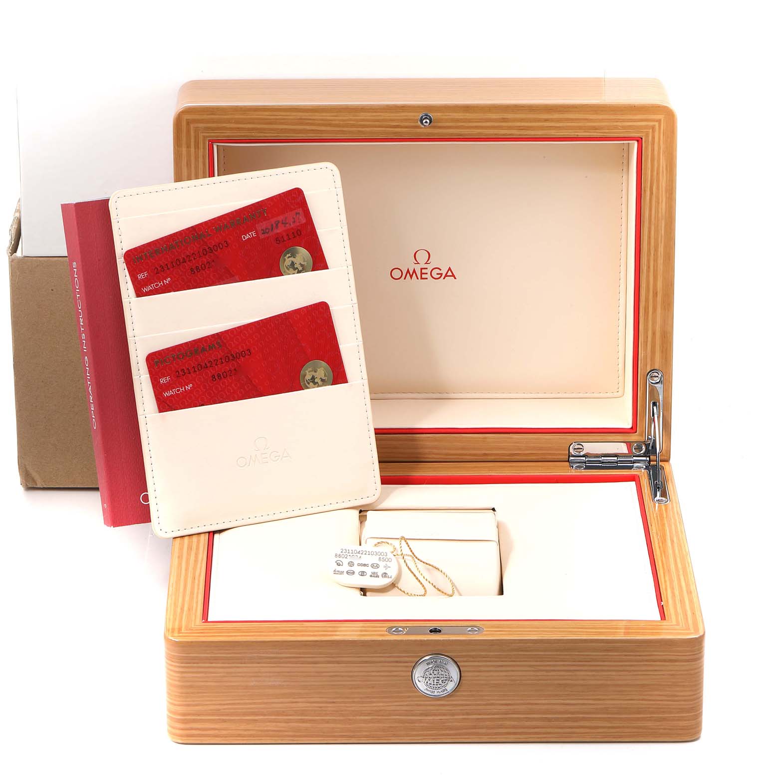 The image shows the packaging and accessories for an Omega Aqua Terra 231.10.42.21.03.003 Men
s Stainless Steel Blue Dial 231.10.42.21.03.003 Men
s Stainless Steel Blue Dial watch, including a wooden box, warranty cards, and an instruction manual.