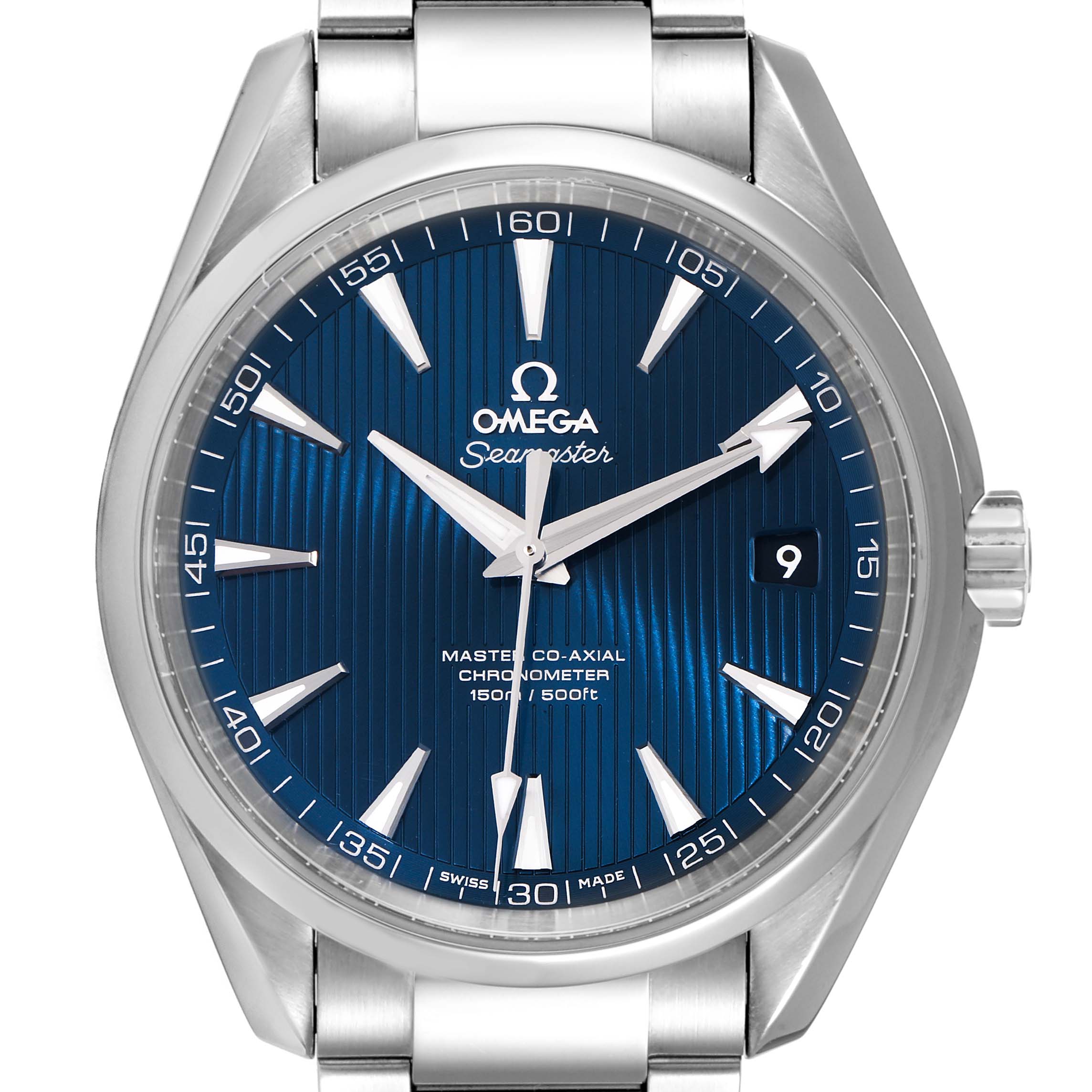 The image shows a front view of the Omega Aqua Terra 231.10.42.21.03.003 Men
s Stainless Steel Blue Dial 231.10.42.21.03.003 Men
s Stainless Steel Blue Dial watch, highlighting its blue dial, hour markers, and date window.