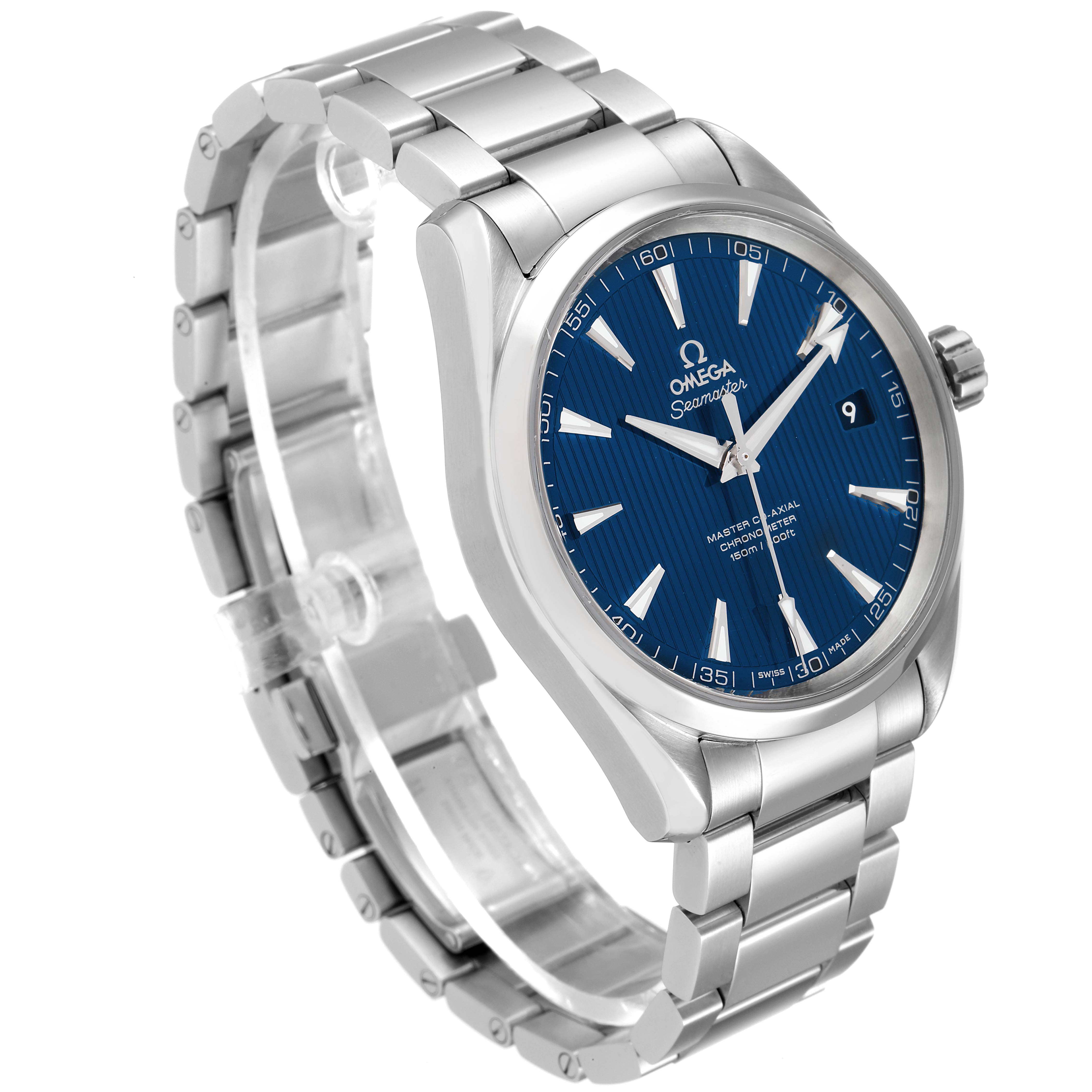 The Omega Aqua Terra 231.10.42.21.03.003 Men
s Stainless Steel Blue Dial 231.10.42.21.03.003 Men
s Stainless Steel Blue Dial watch is shown at a three-quarter angle, displaying its face, bezel, bracelet, and side crown.