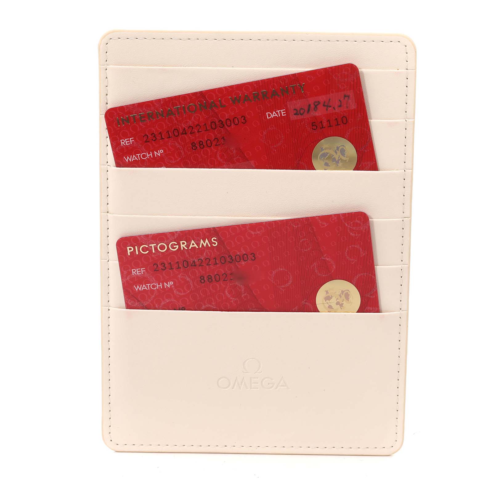 This image shows the international warranty and pictograms cards for the Omega Aqua Terra 231.10.42.21.03.003 Men
s Stainless Steel Blue Dial 231.10.42.21.03.003 Men
s Stainless Steel Blue Dial watch.