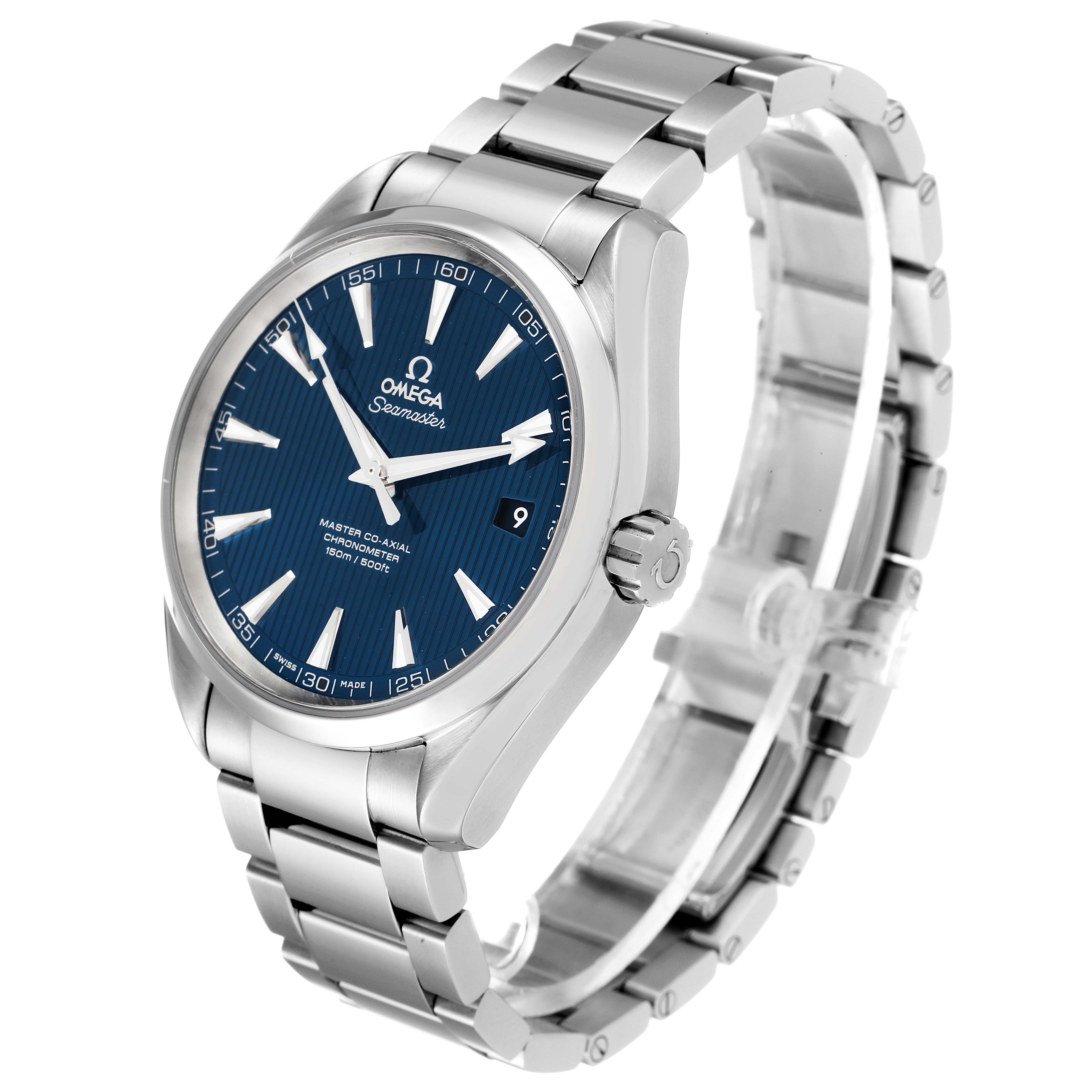 The image shows a left-side angle of the Omega Aqua Terra 231.10.42.21.03.003 Men
s Stainless Steel Blue Dial 231.10.42.21.03.003 Men
s Stainless Steel Blue Dial watch, highlighting its blue dial, stainless steel bracelet, and crown.