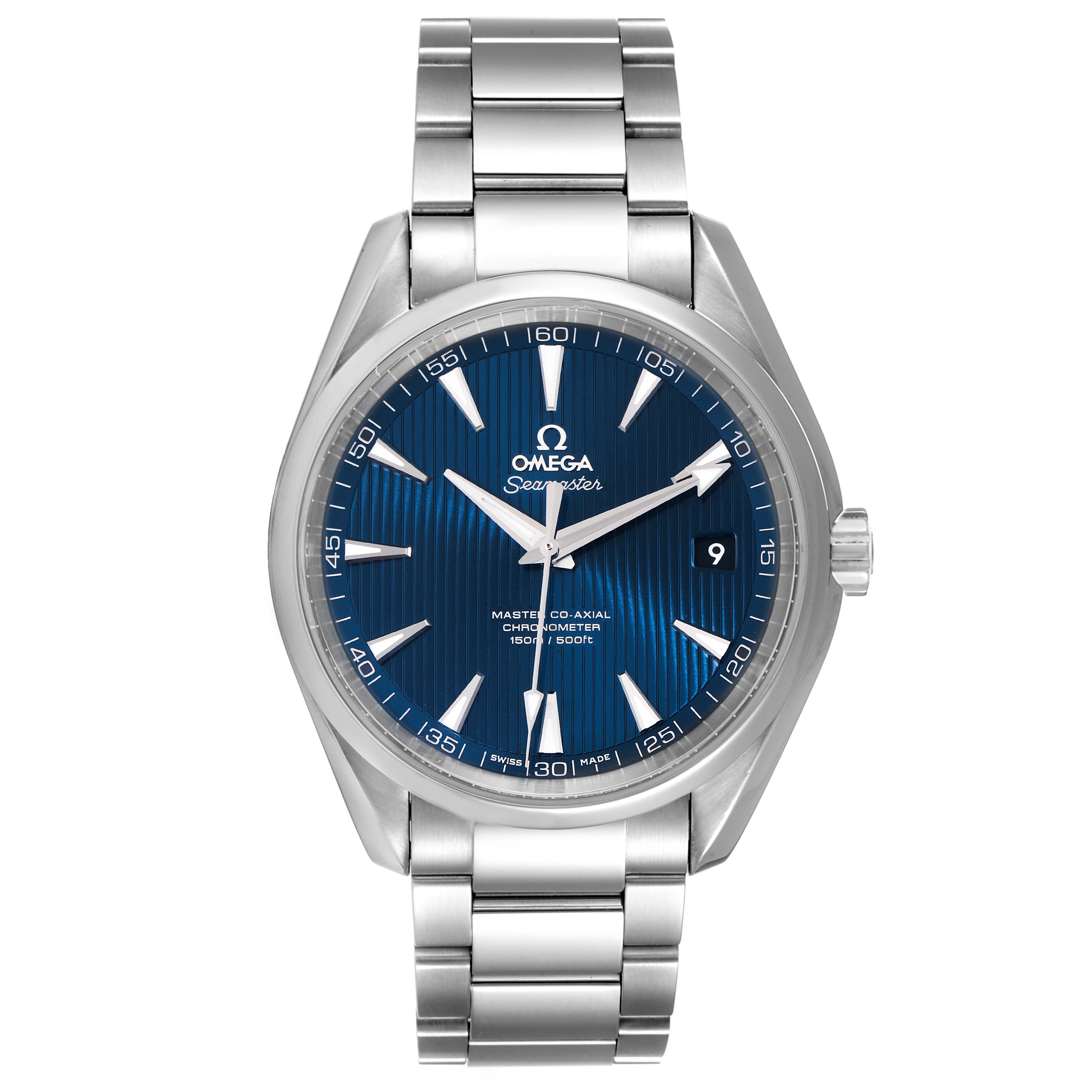 The image shows a frontal view of the Omega Aqua Terra 231.10.42.21.03.003 Men
s Stainless Steel Blue Dial 231.10.42.21.03.003 Men
s Stainless Steel Blue Dial watch, highlighting its blue dial, markers, and metal bracelet.