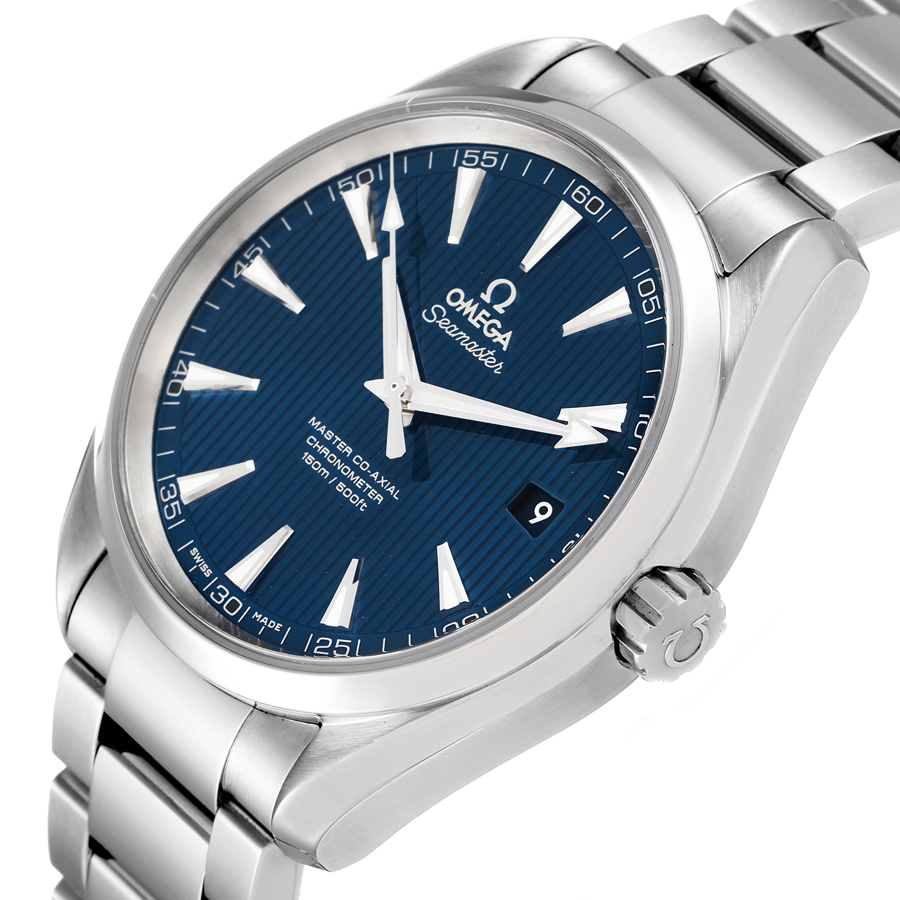 This image shows the Omega Aqua Terra 231.10.42.21.03.003 Men
s Stainless Steel Blue Dial 231.10.42.21.03.003 Men
s Stainless Steel Blue Dial watch from a front angle, highlighting the dial, hour markers, crown, and bracelet.