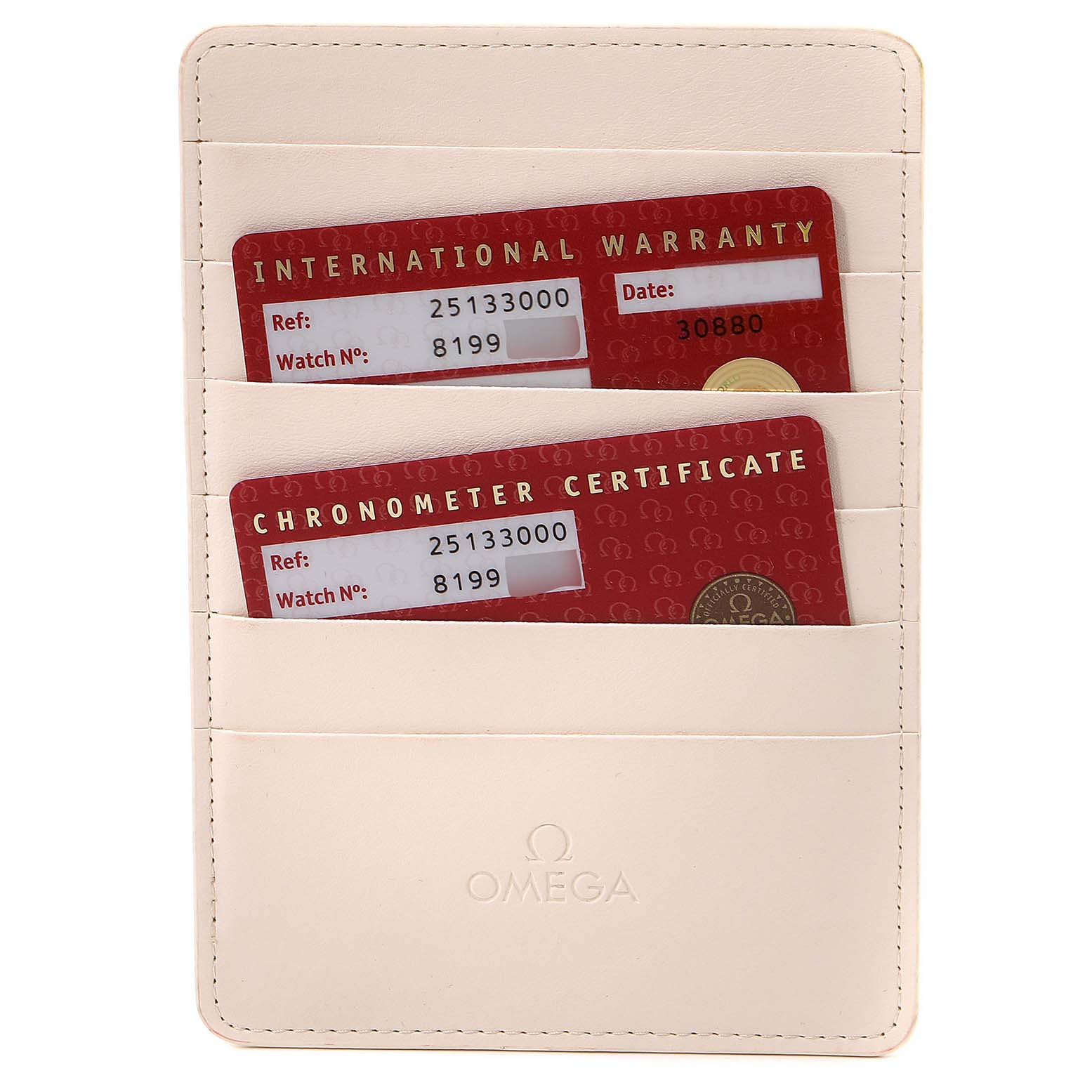 The image shows the International Warranty and Chronometer Certificate cards for the Omega Aqua Terra 2513.30.00 Men
s Stainless Steel Silver Dial 2513.30.00 Men
s Stainless Steel Silver Dial model.