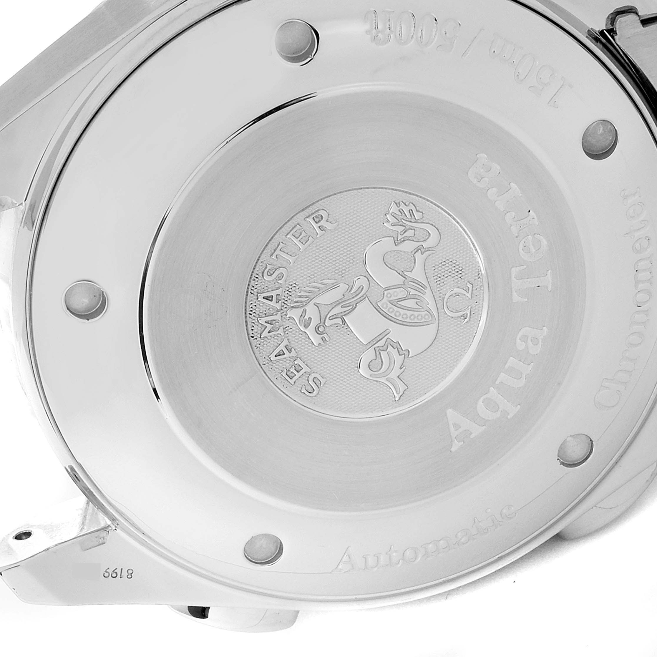 This image shows the case back of the Omega Aqua Terra 2513.30.00 Men
s Stainless Steel Silver Dial 2513.30.00 Men
s Stainless Steel Silver Dial Seamaster model.