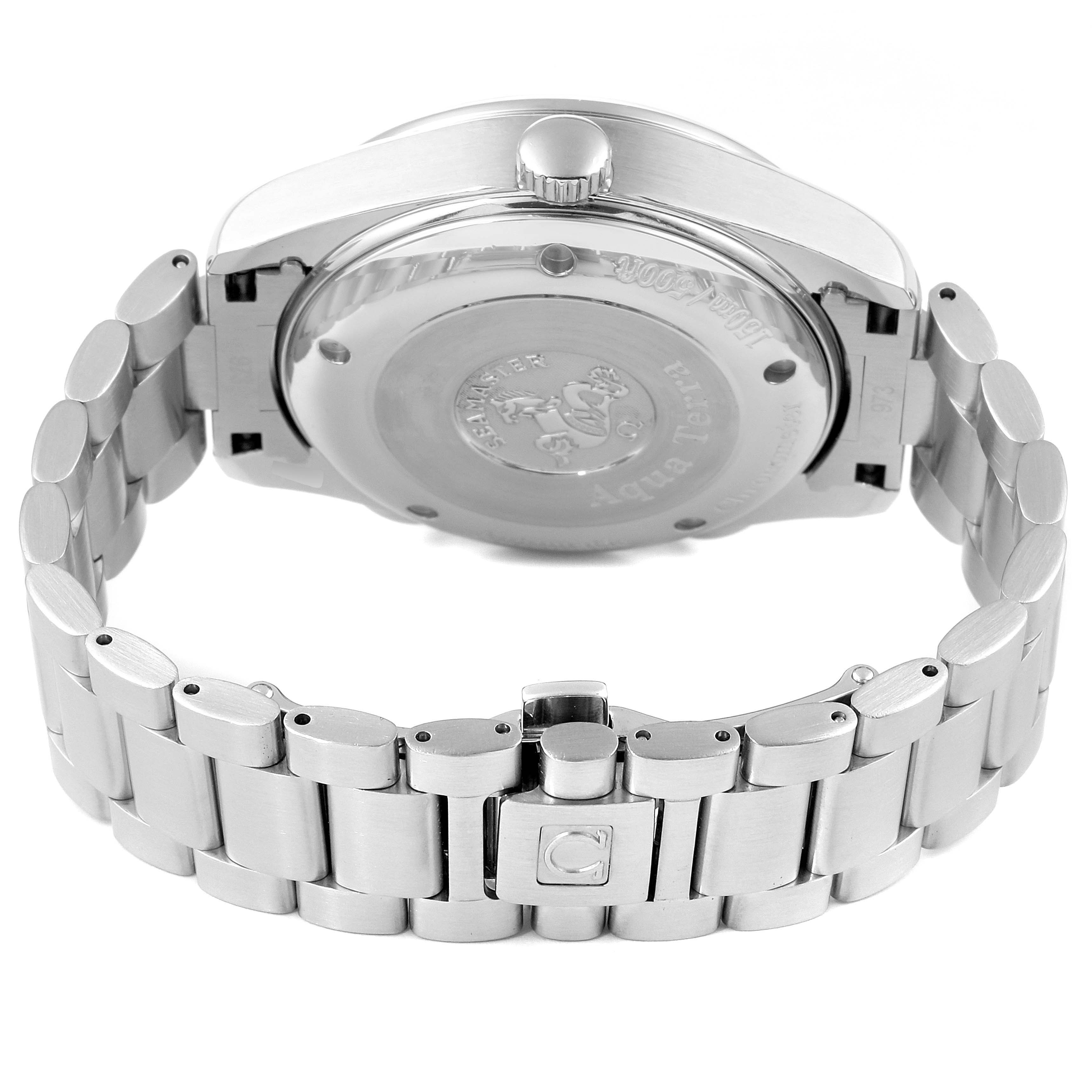 The image shows the back case and bracelet of the Omega Aqua Terra 2513.30.00 Men
s Stainless Steel Silver Dial 2513.30.00 Men
s Stainless Steel Silver Dial watch at a slight angle.