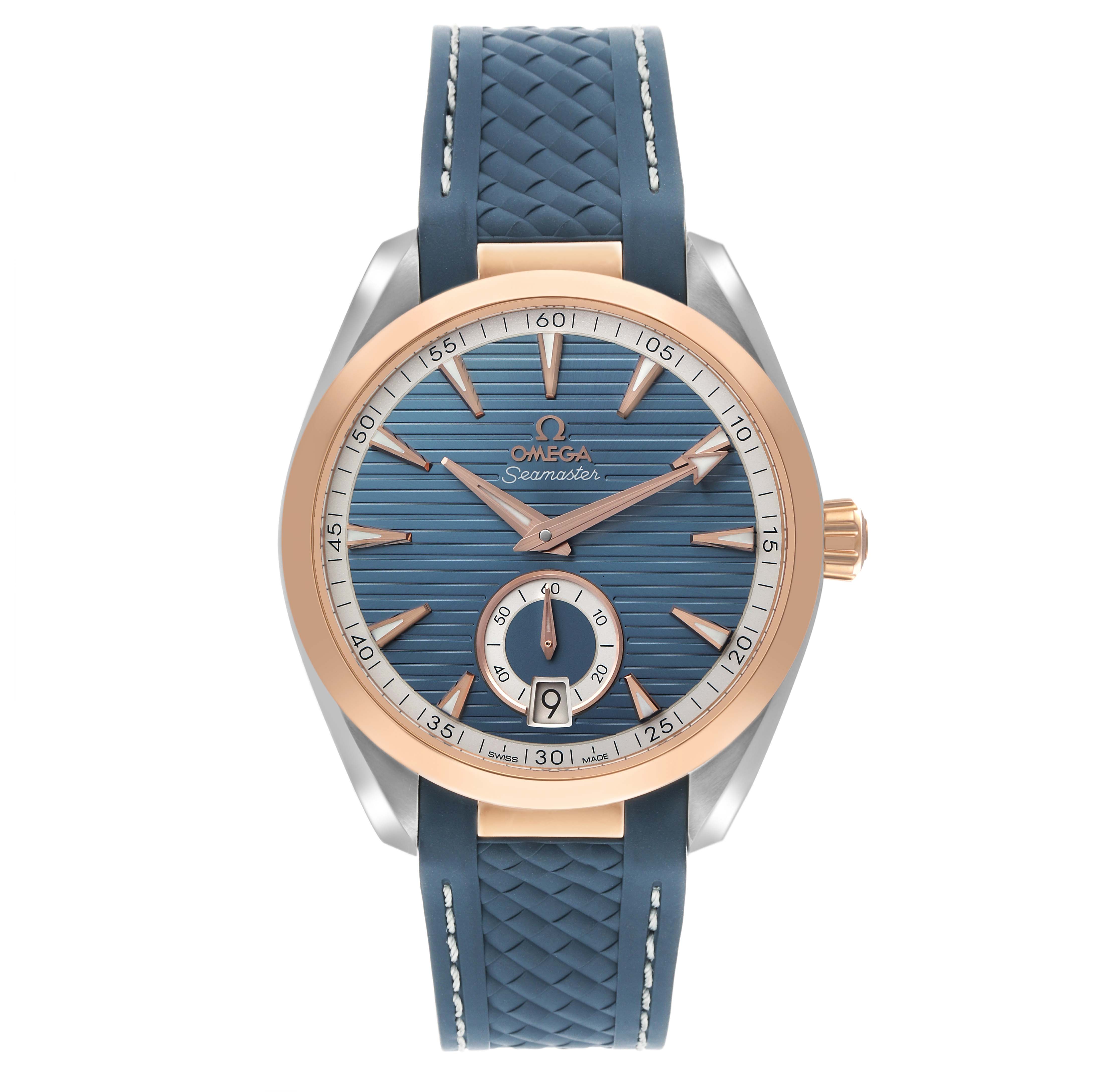 The Omega Aqua Terra 220.22.41.21.03.001 Men's Steel and Gold (two tone) Blue Dial watch is shown from a top view, highlighting the dial, bezel, and strap with clear detail.
