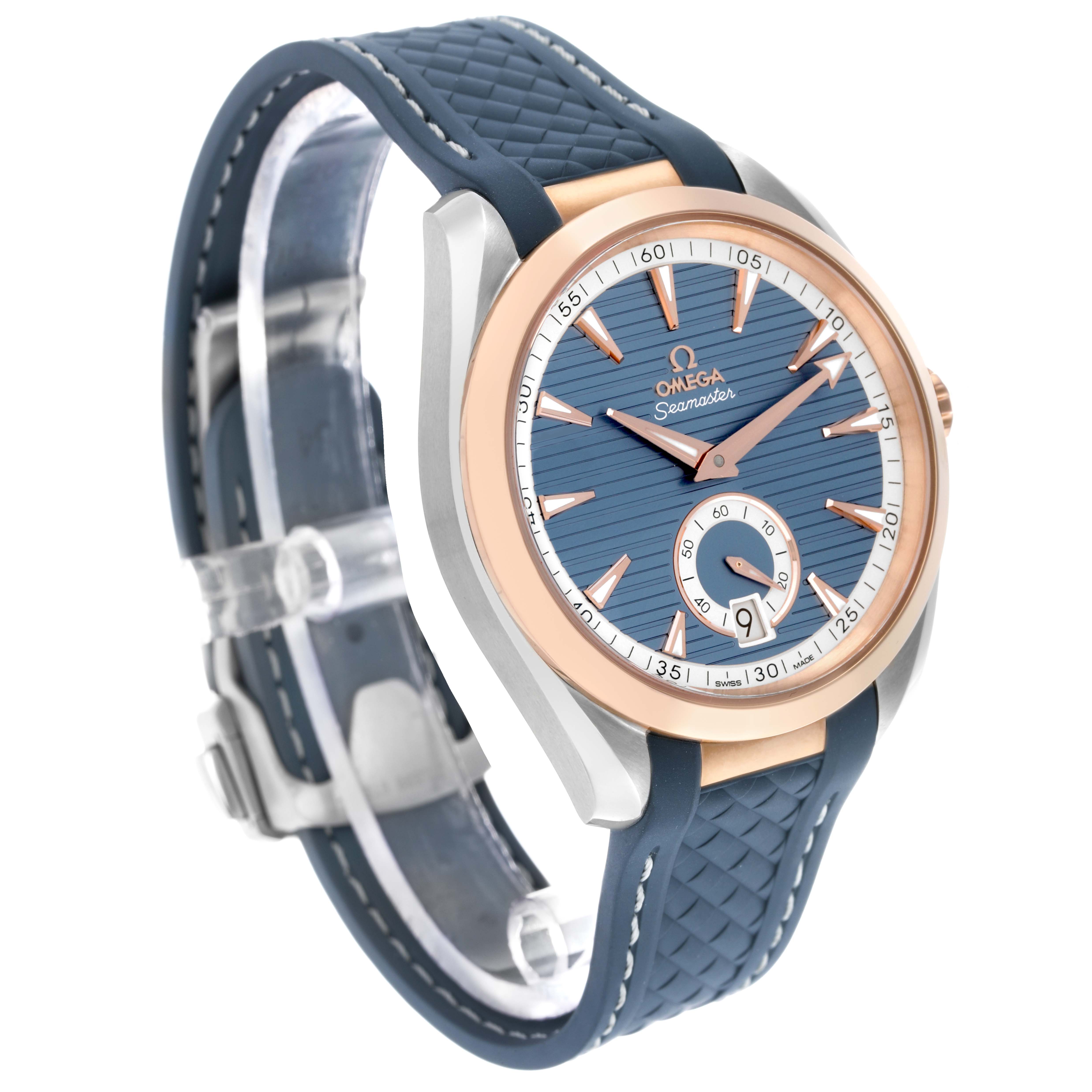 The Omega Aqua Terra 220.22.41.21.03.001 Men's Steel and Gold (two tone) Blue Dial watch is shown at an angled side view, highlighting the dial, bezel, and blue strap.