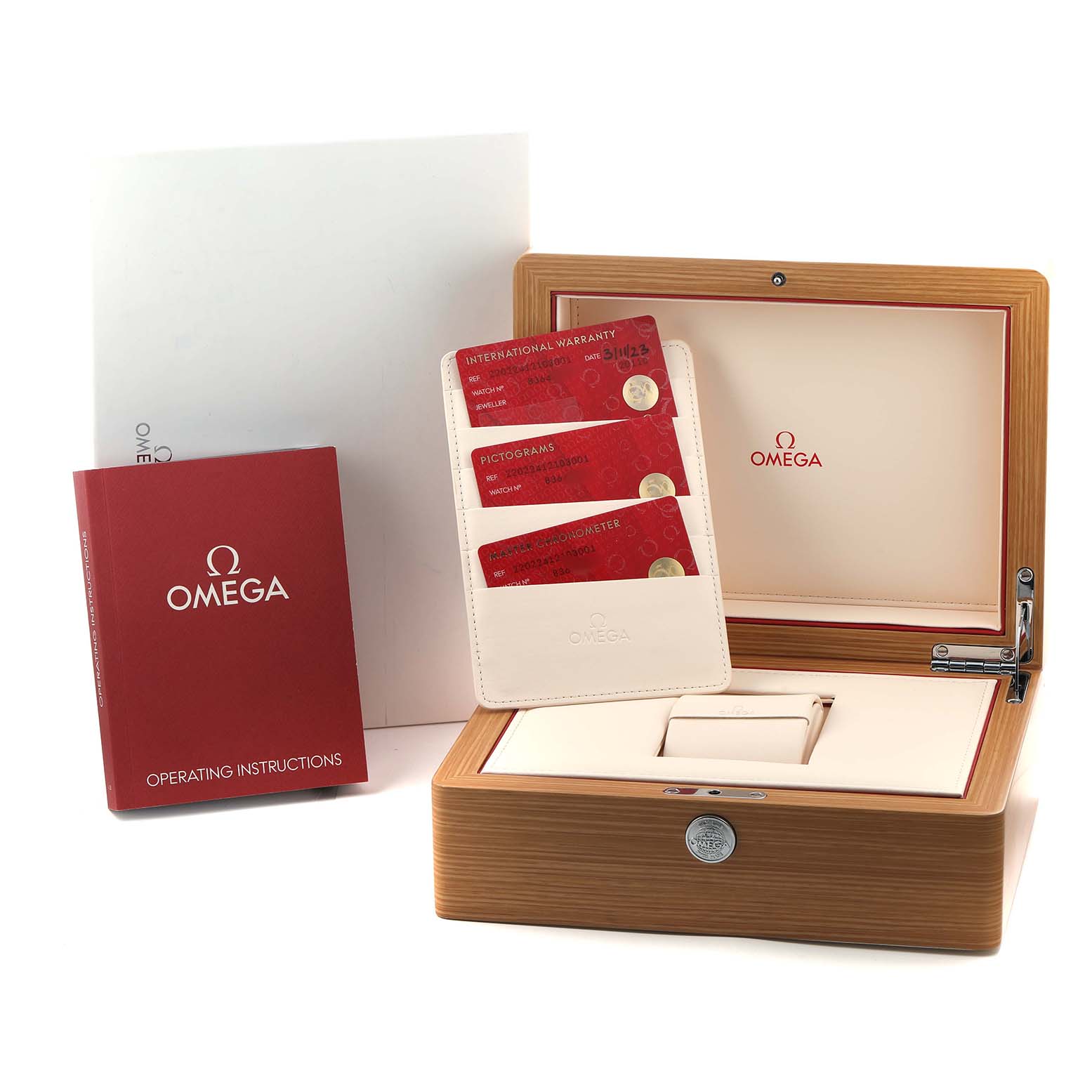 The image shows the Omega Aqua Terra 220.22.41.21.03.001 Men's Steel and Gold (two tone) Blue Dial watch box, warranty cards, instruction manual, and case cover.