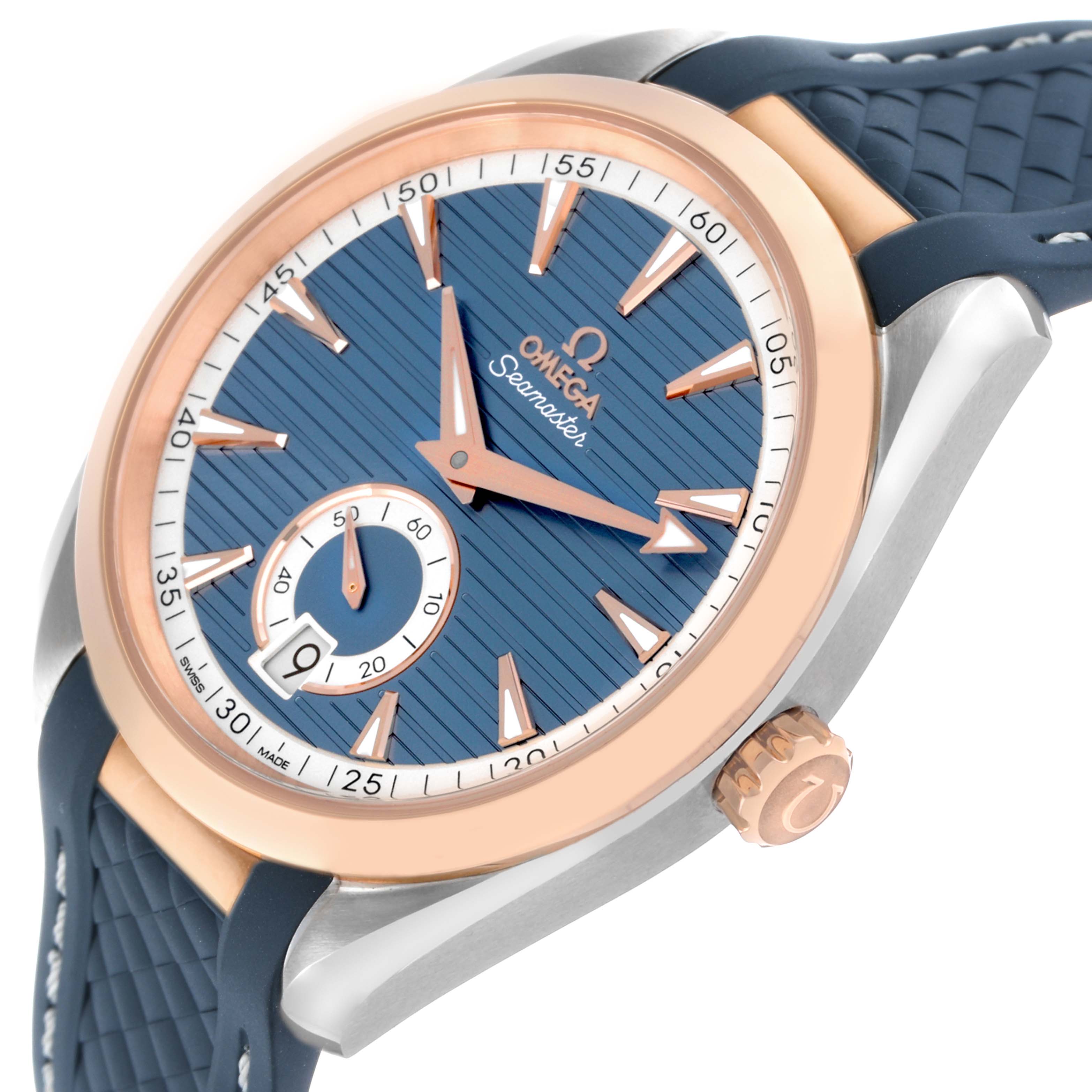 The Omega Aqua Terra 220.22.41.21.03.001 Men's Steel and Gold (two tone) Blue Dial watch is shown from the front-left, highlighting the dial, bezel, and crown.