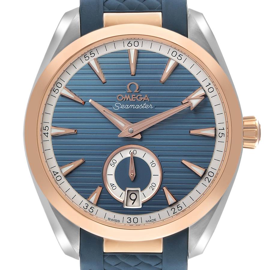 The image shows a front view of the Omega Aqua Terra 220.22.41.21.03.001 Men's Steel and Gold (two tone) Blue Dial watch, highlighting its dial, hands, and bezel.