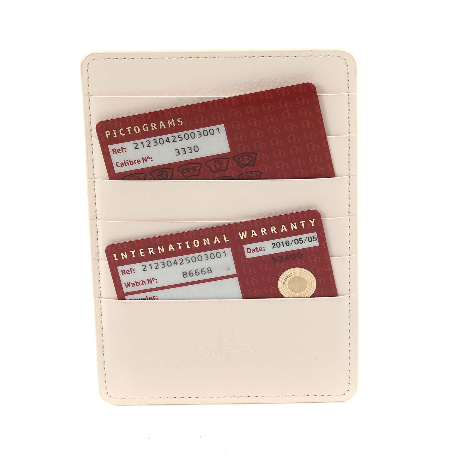 The image shows Omega Seamaster 212.30.42.50.03.001 Men
s Stainless Steel Blue Dial 212.30.42.50.03.001 Men
s Stainless Steel Blue Dial warranty and pictogram cards in a white card holder.