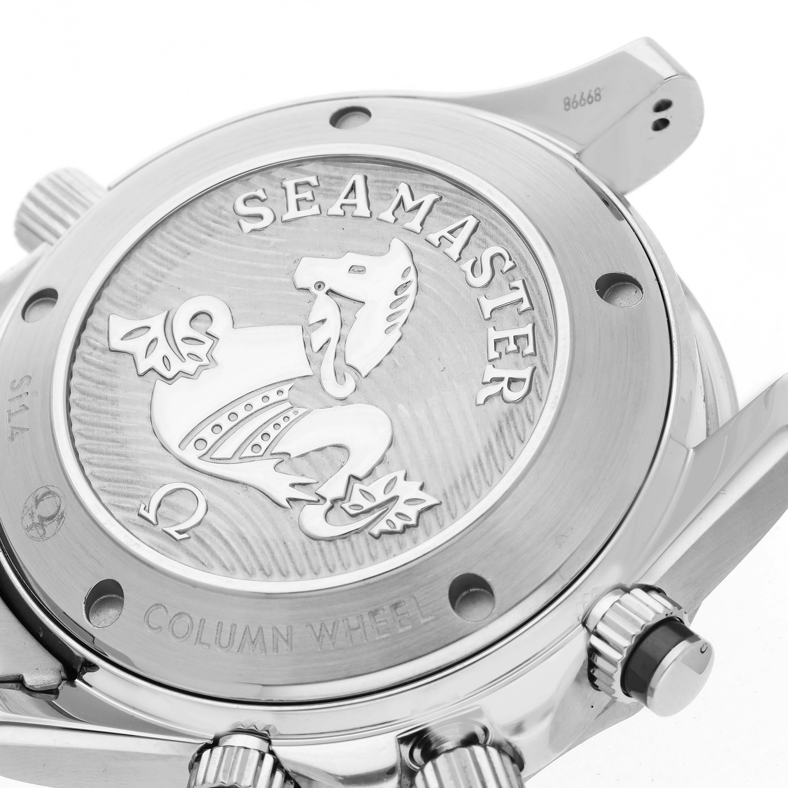 The image shows the case back of the Omega Seamaster 212.30.42.50.03.001 Men
s Stainless Steel Blue Dial 212.30.42.50.03.001 Men
s Stainless Steel Blue Dial watch, highlighting its engraved design and winding crowns.