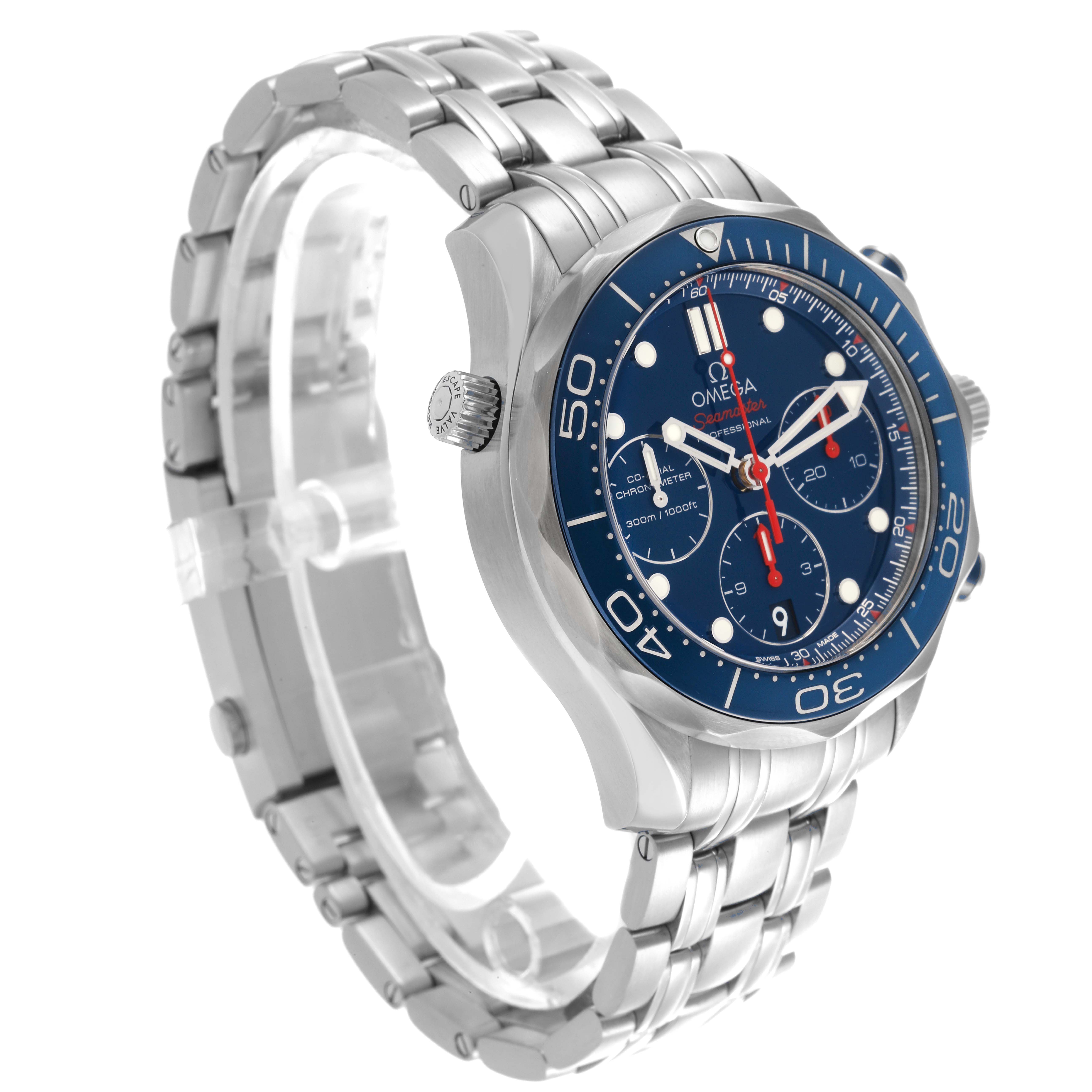 The Omega Seamaster 212.30.42.50.03.001 Men
s Stainless Steel Blue Dial 212.30.42.50.03.001 Men
s Stainless Steel Blue Dial is shown at a side angle, featuring the face, bezel, crown, and bracelet.