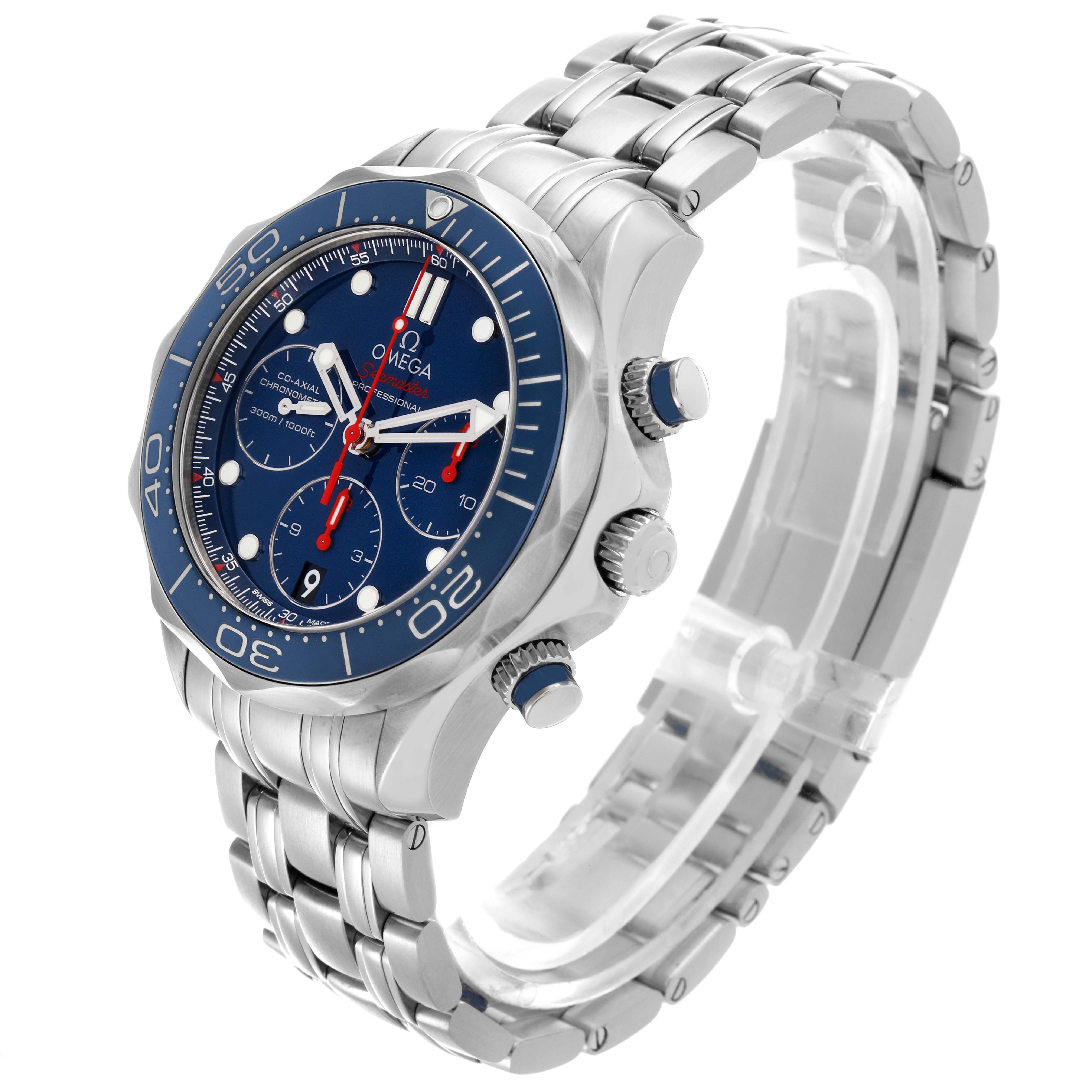 The Omega Seamaster 212.30.42.50.03.001 Men
s Stainless Steel Blue Dial 212.30.42.50.03.001 Men
s Stainless Steel Blue Dial watch is shown at a three-quarter angle, highlighting the face, bezel, and band.